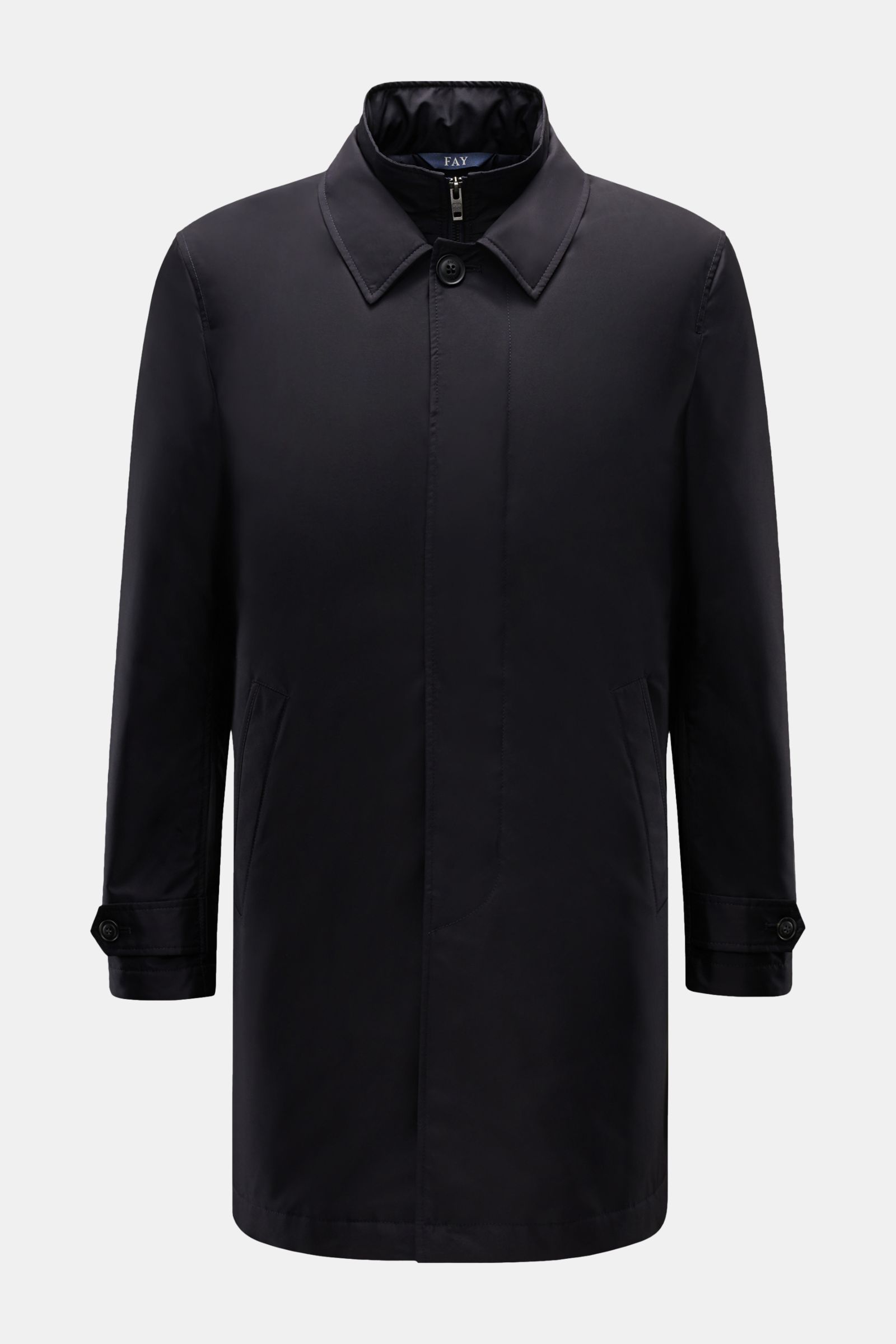 Fay Mantel 'Morning Coat' navy, leicht wattiert, wasserabweisender Popeline, Double-Front, Stehkragen, Knopfriegel, Regular Fit, frontale Nahaufnahme.