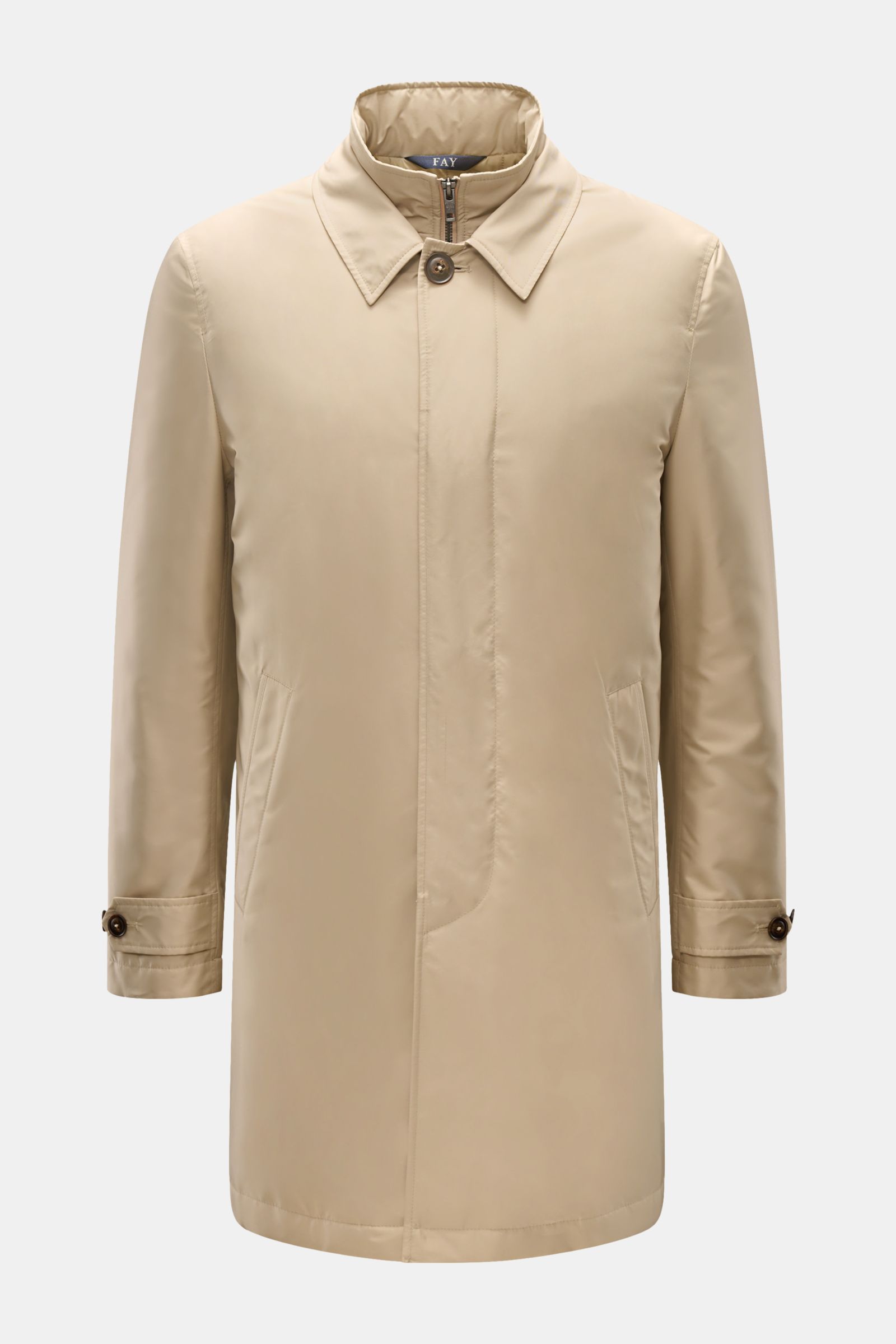 Front view of Fay Mantel 'Morning Coat' beige made of technical microfiber poplin with smooth touch, water-repellent, light padding, double front with stand-up collar, regular fit, sturdy zipper, wind flap with buttons, turn-down collar, slanted welt pock