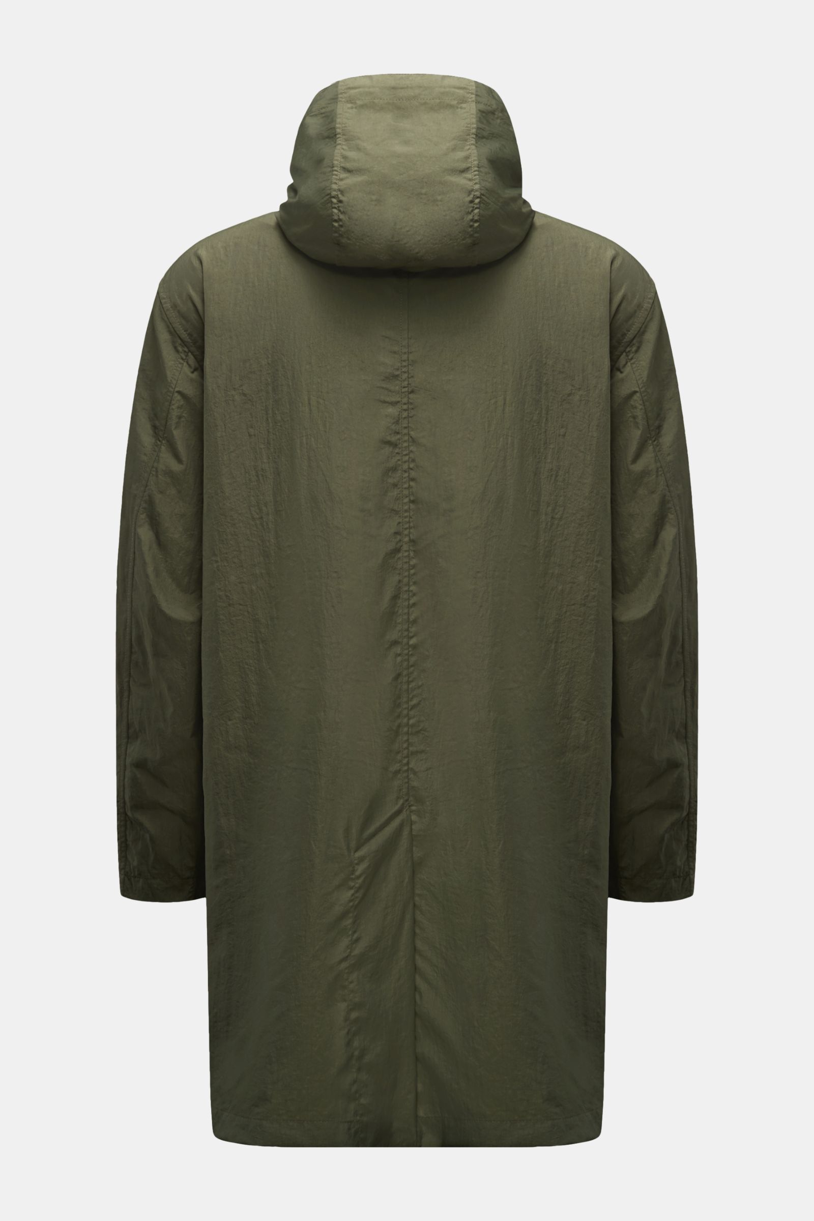 04651/ A trip in a bag Mantel 'Travel Coat' oliv, Rückansicht, leichter, wasserabweisender, winddichter Microfaser-Mantel mit Kapuze und Innentasche.