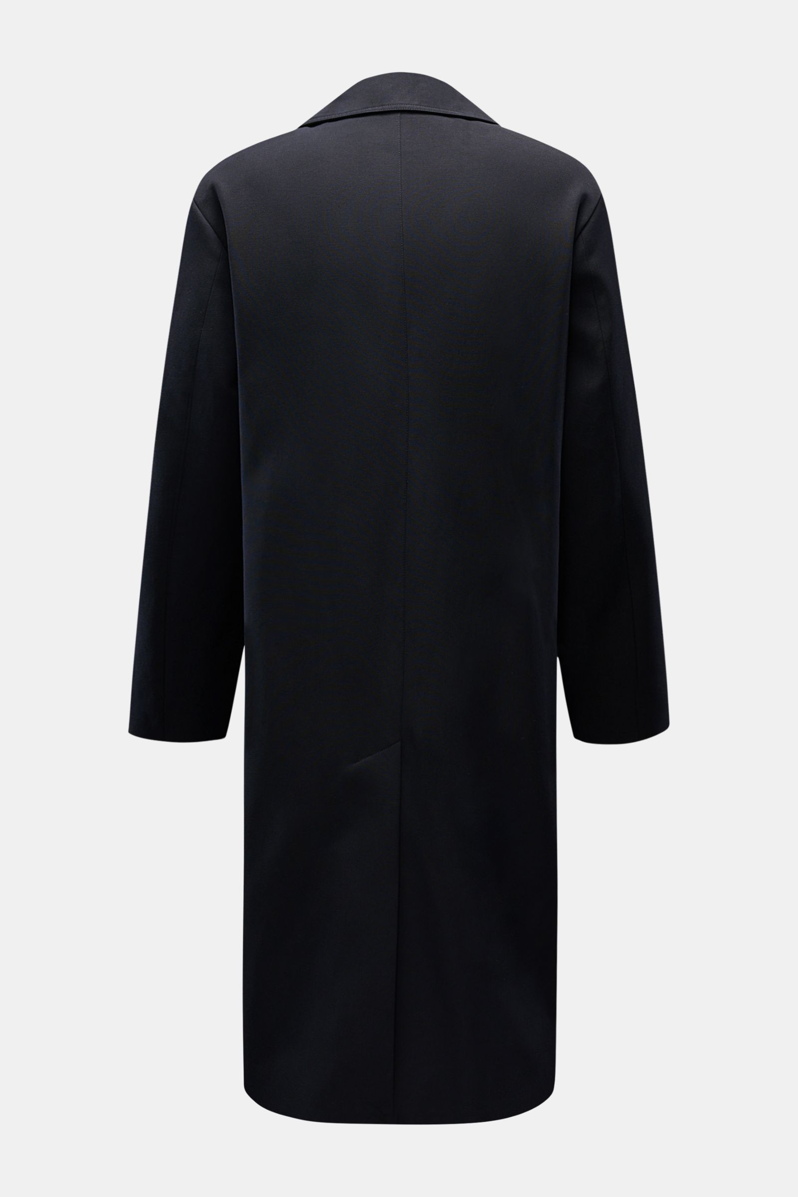 A.P.C. Mantel navy, slim Fit, aus Baumwolle, Wolle, Microfaser, Rückansicht mit Rückenmittelschlitz, fallendem Revers, drei Knöpfen, schrägen Leistentaschen.