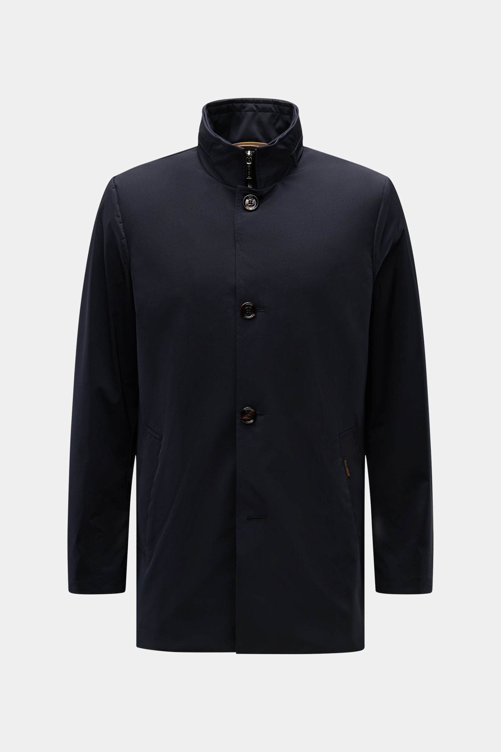 Front view of Moorer Kurzmantel 'Borromini' navy, a slim fit short coat with water-repellent silk-microfiber mix, four-button double-front, stand collar with hidden hood, slanted welt pockets, back center vent, smooth lining, and two inner pockets, design