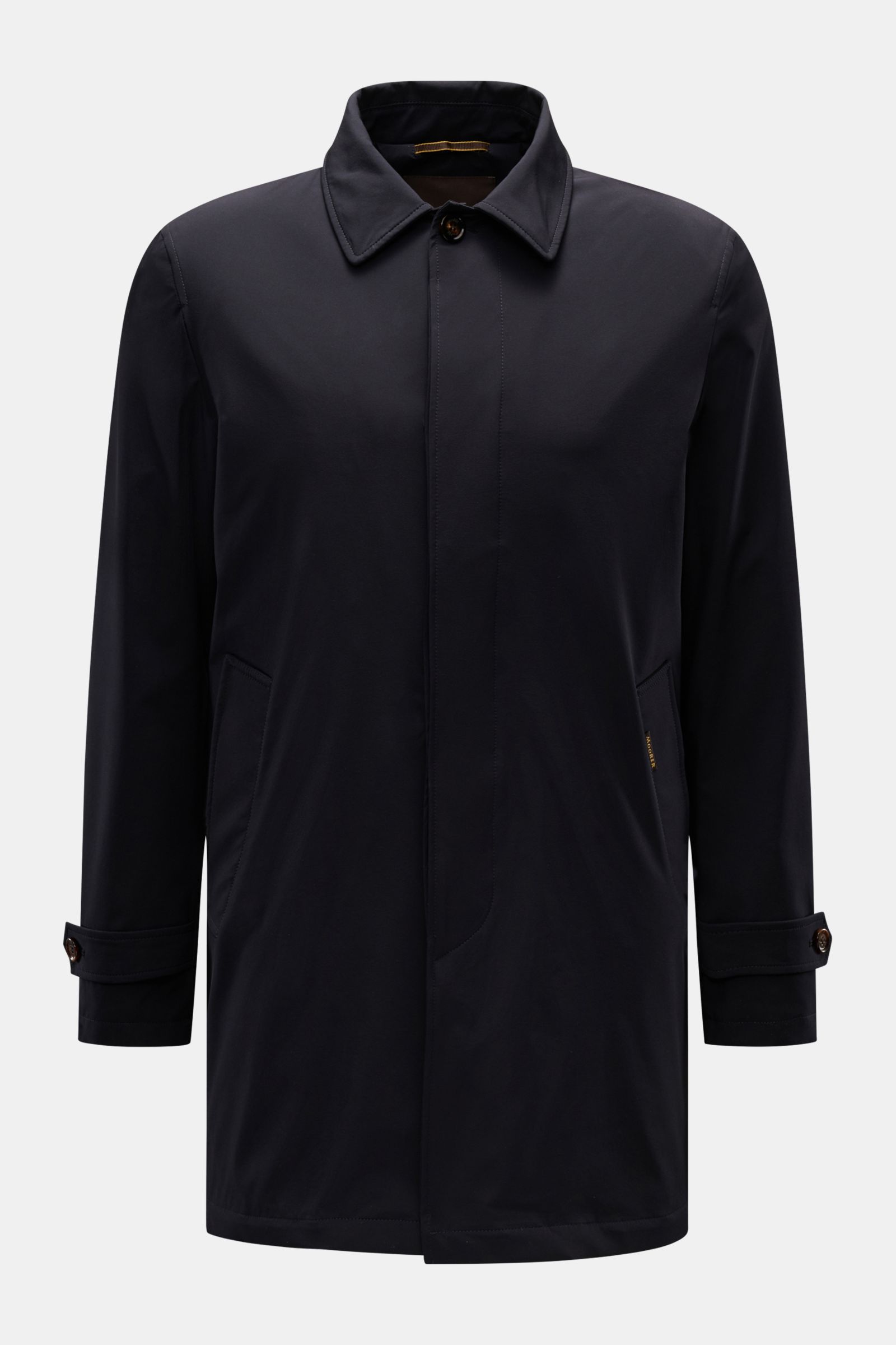 Front view of Moorer Kurzmantel 'Vittor' dark navy, a slim fit, water-repellent microfiber coat with hidden four-button placket, flap collar, slanted welt pockets, buttoned sleeve cuffs, back vent, small woven label, half-lined interior with two inner poc