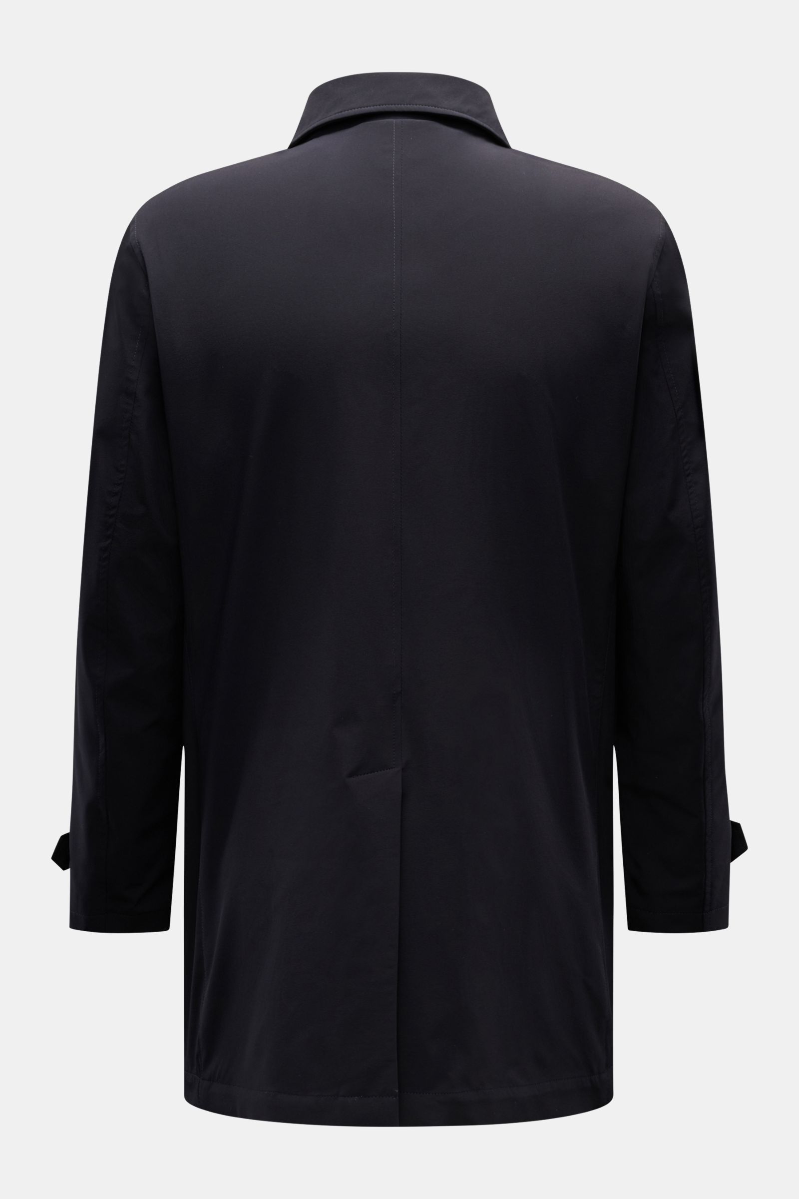 Rear view of Moorer Kurzmantel 'Vittor' dark navy, a slim fit lightweight coat in high-quality, water-repellent microfiber with half lining, concealed four-button placket, turn-down collar, slanted welt pockets, button-tab sleeve ends, center back vent, s