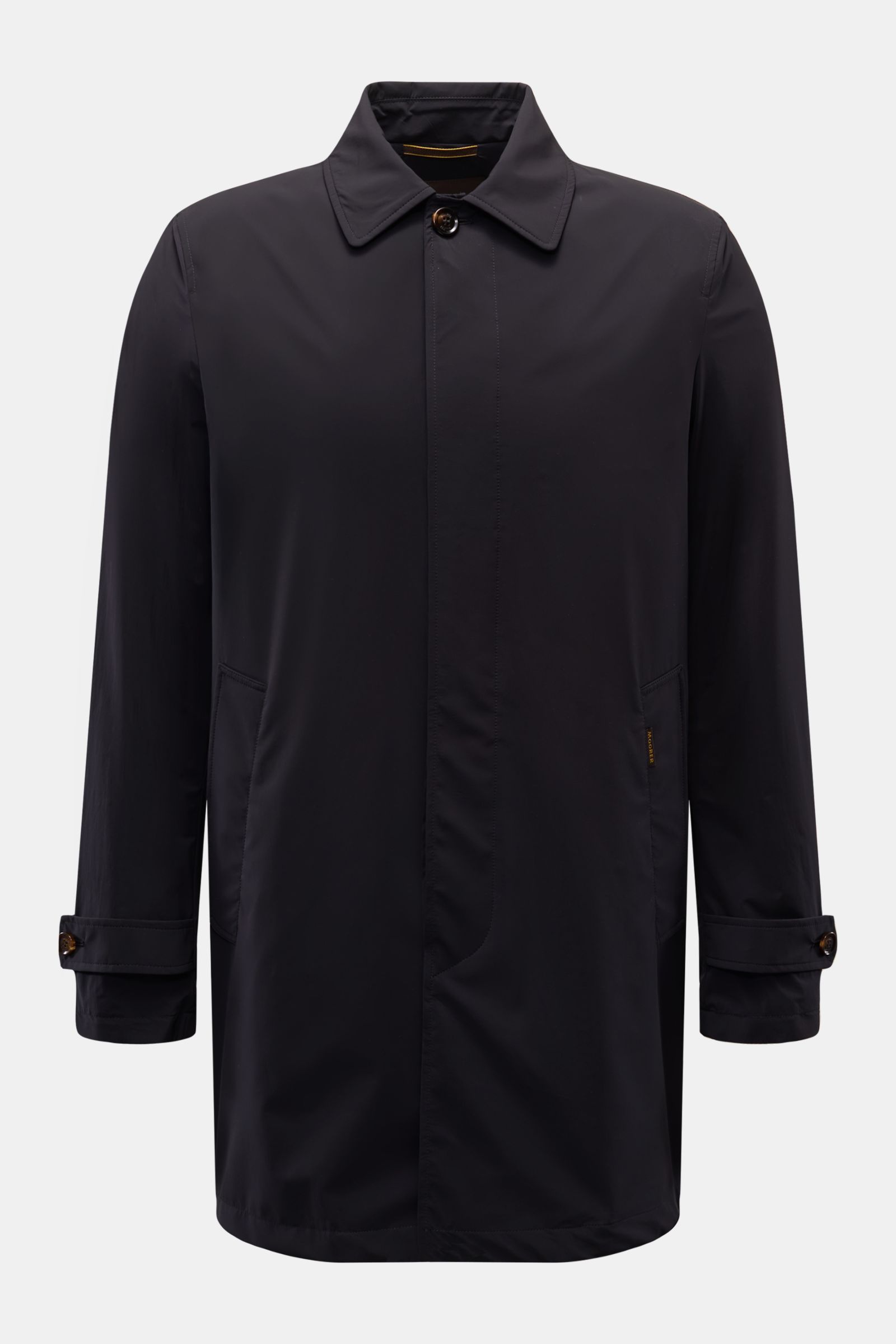 Front view of Moorer Kurzmantel 'Vittor' navy, a slim fit, water-repellent short coat with four-button placket, turn-down collar, piped front pockets, buttoned sleeve cuffs, back center slit, smooth microfiber fabric, and soft lining with an inner pocket.