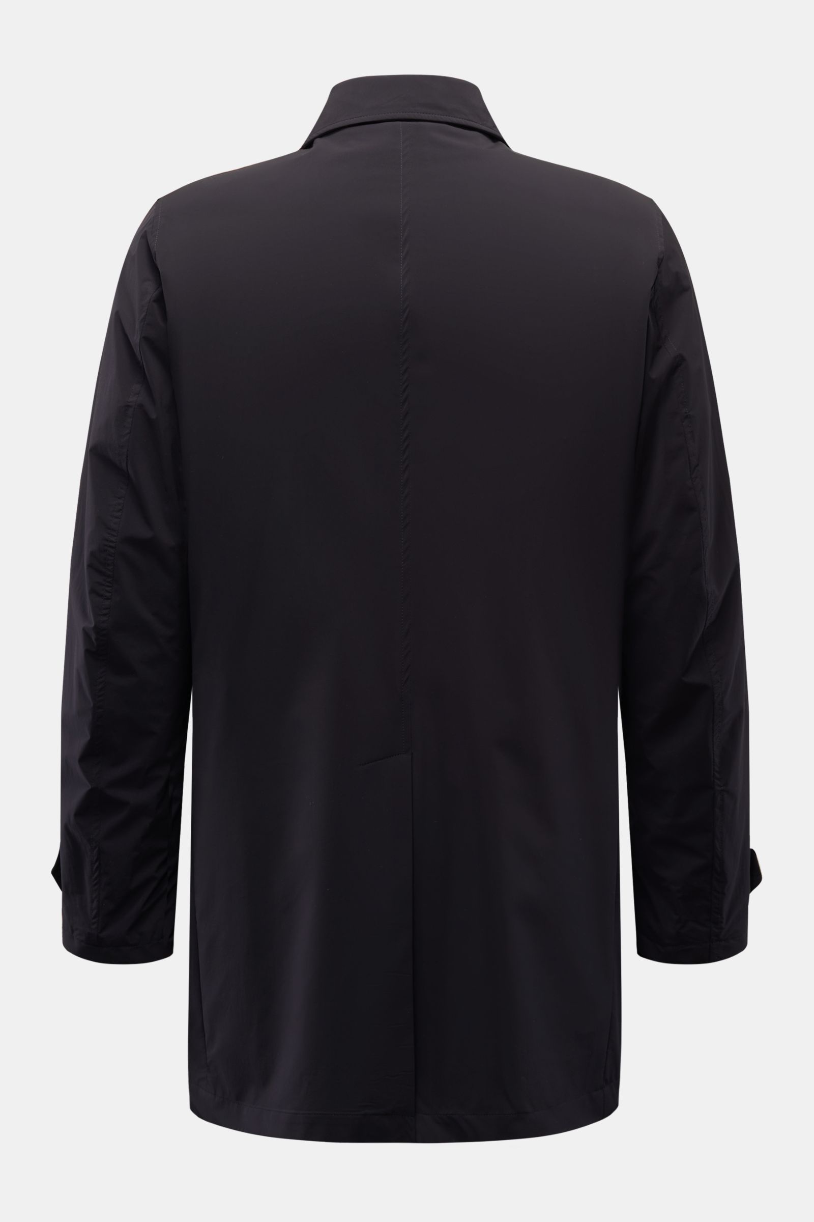 Back view of Moorer Kurzmantel 'Vittor' navy, a slim fit, water-repellent short coat in smooth microfiber with a back vent, buttoned sleeve cuffs, and a turn-down collar.
