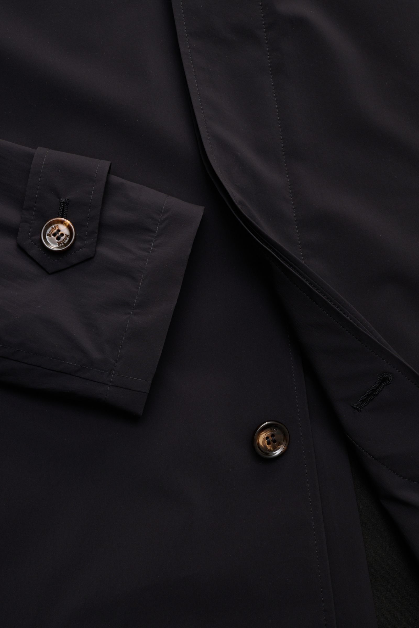 Close-up front view of the Moorer Kurzmantel 'Vittor' navy, showing water-repellent microfiber fabric, slim fit, four-button placket, turn-down collar, buttoned sleeve cuff, and smooth texture.