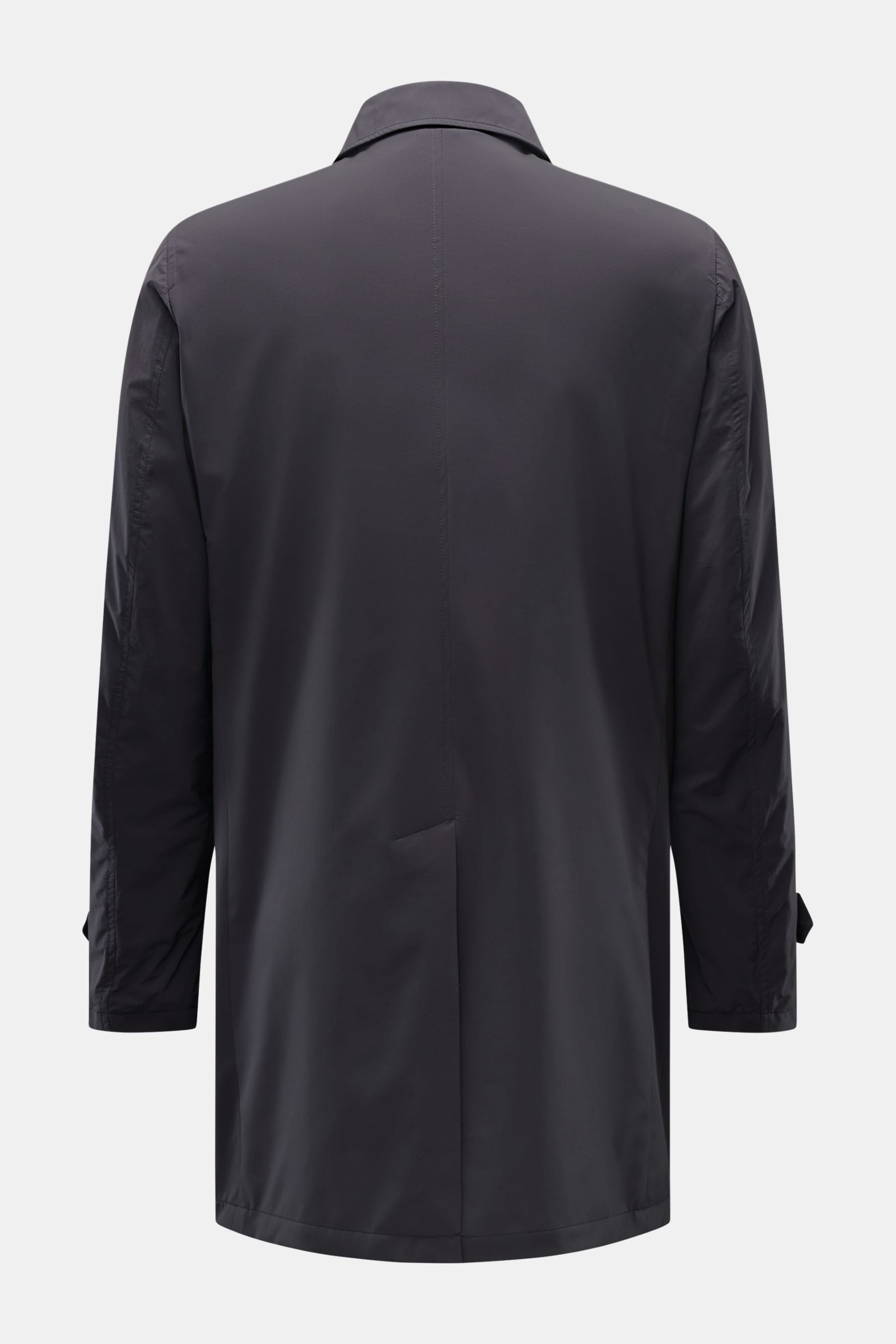 Back view of Moorer Kurzmantel 'Vittor' dunkelgrau, a slim fit, water-repellent short coat in dark gray microfiber with a smooth touch, featuring a back vent, buttoned cuffs, and a turn-down collar. Edles Outerwear-Essential: Der Kurzmantel aus wasserabwe