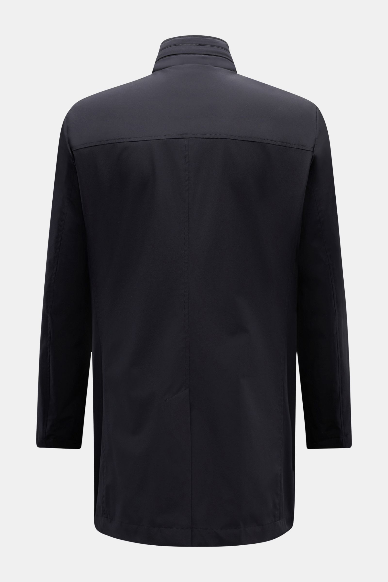 Moorer Kurzmantel 'Hektor' navy in glatter Microfaser, Rückansicht mit Stehkragen, wasserabweisend, Slim Fit und Rückenmittelschlitz.