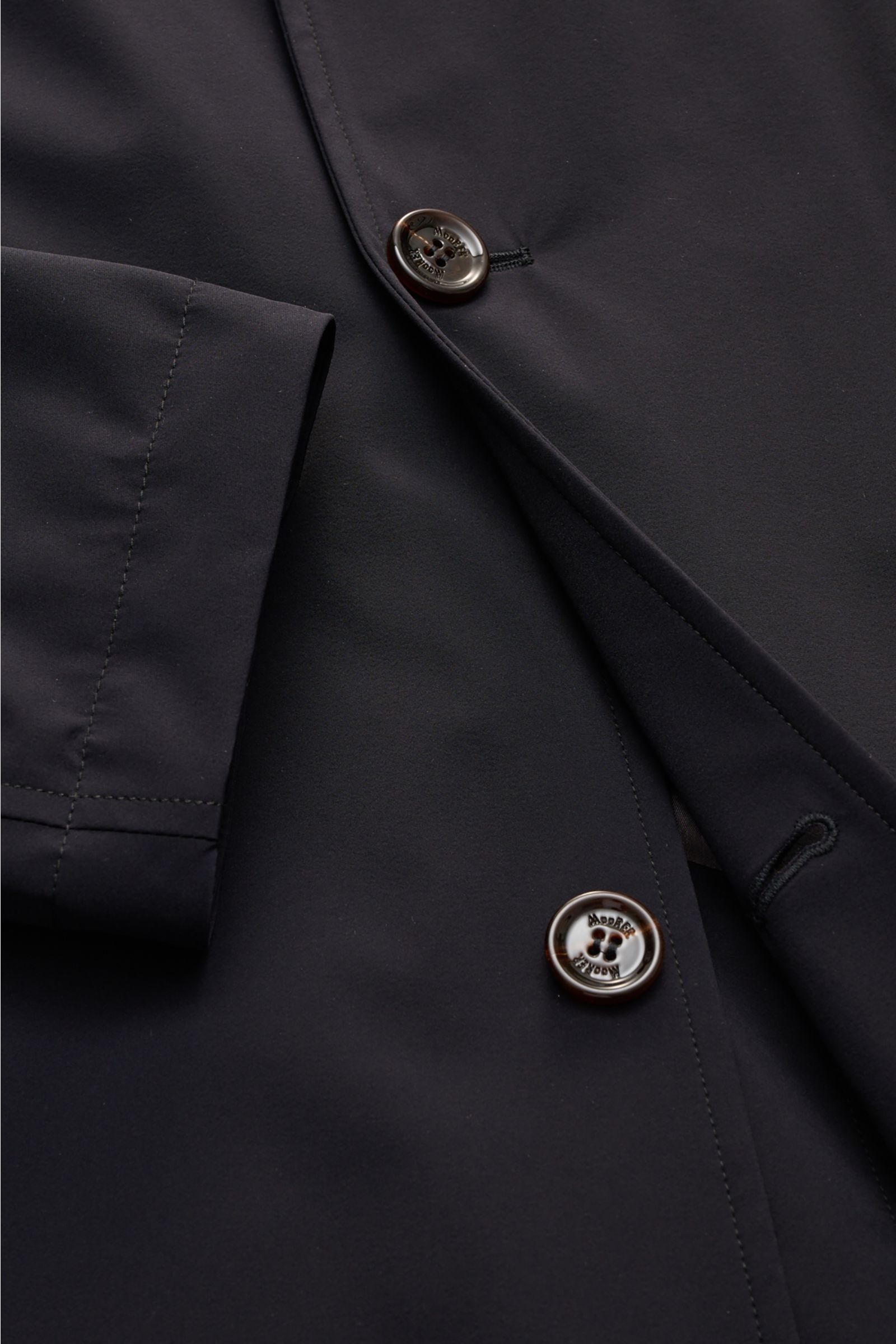 Moorer Kurzmantel 'Hektor' navy, Nahaufnahme von glatter Microfaser, Slim Fit mit Vier-Knopf-Leiste und Stehkragen, wasserabweisend, Kapuze versteckt im Kragen.