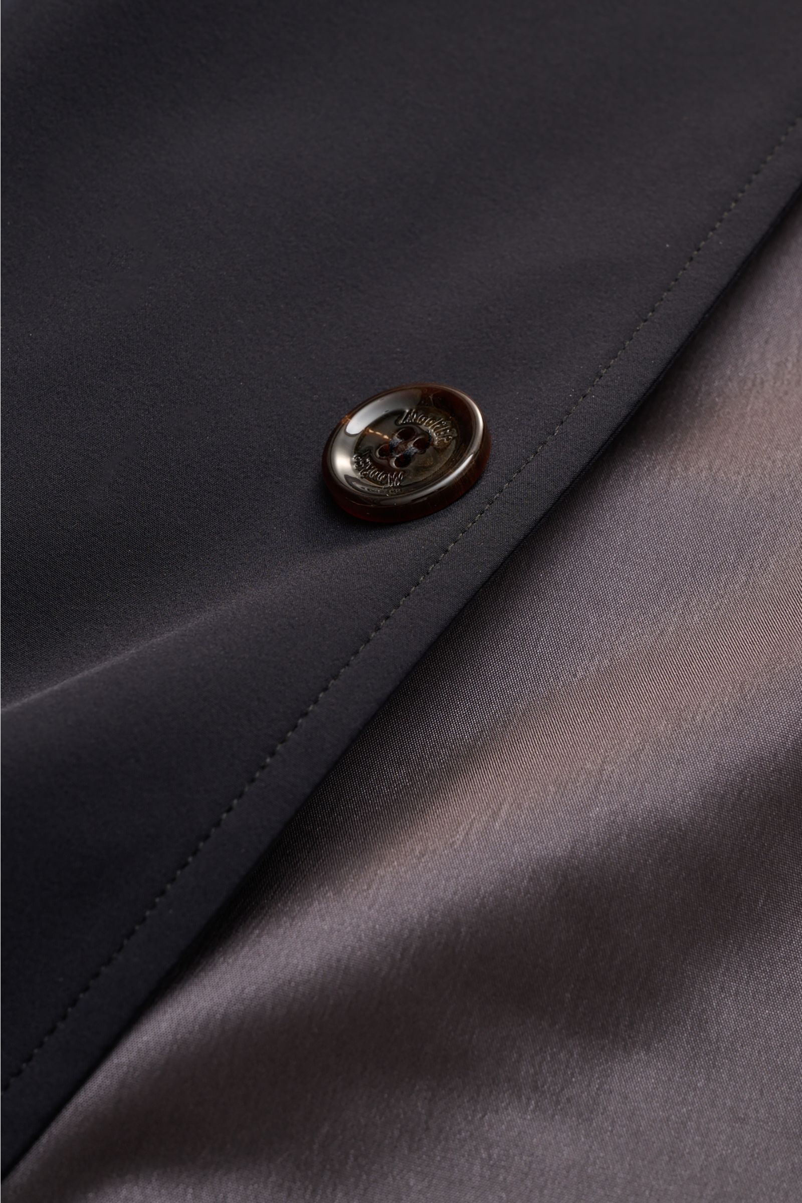 Nahaufnahme des wasserabweisenden Stoffes und Knopfdetails des Moorer Kurzmantel 'Hektor' navy mit glattem Innenfutter, von oben fotografiert.