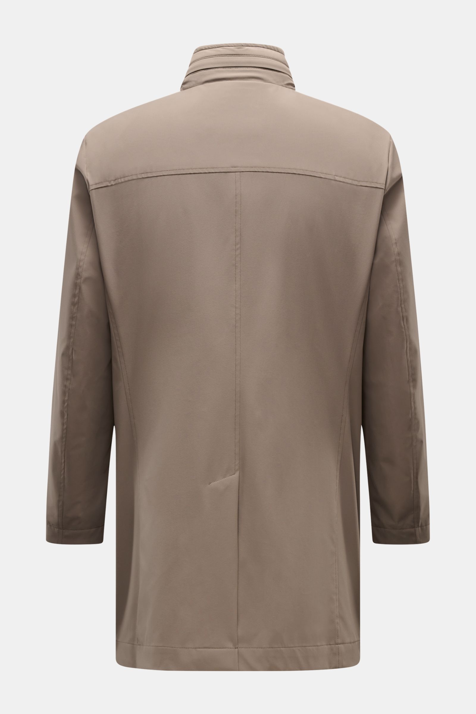Rear view of Moorer Kurzmantel 'Hektor' khaki, slim fit, high-quality water-repellent microfiber, standing collar with hidden hood, back vent, smooth interior lining.

