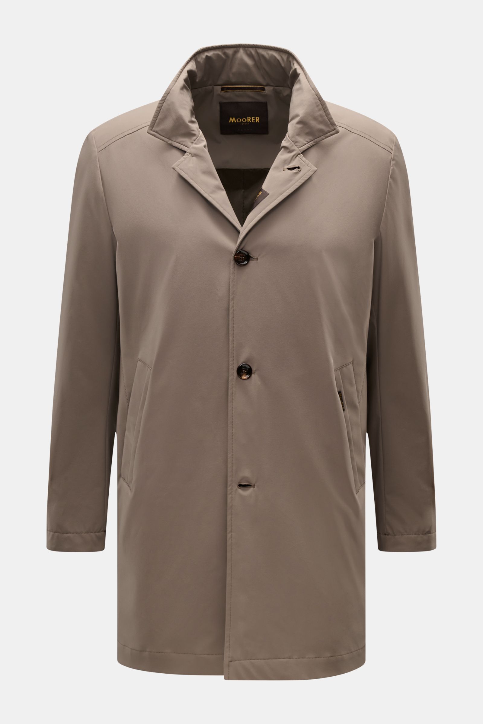 Moorer Kurzmantel 'Hektor' khaki front view, slim fit with water-repellent microfiber, stand collar, hidden hood, four-button closure, slanted welt pockets.
