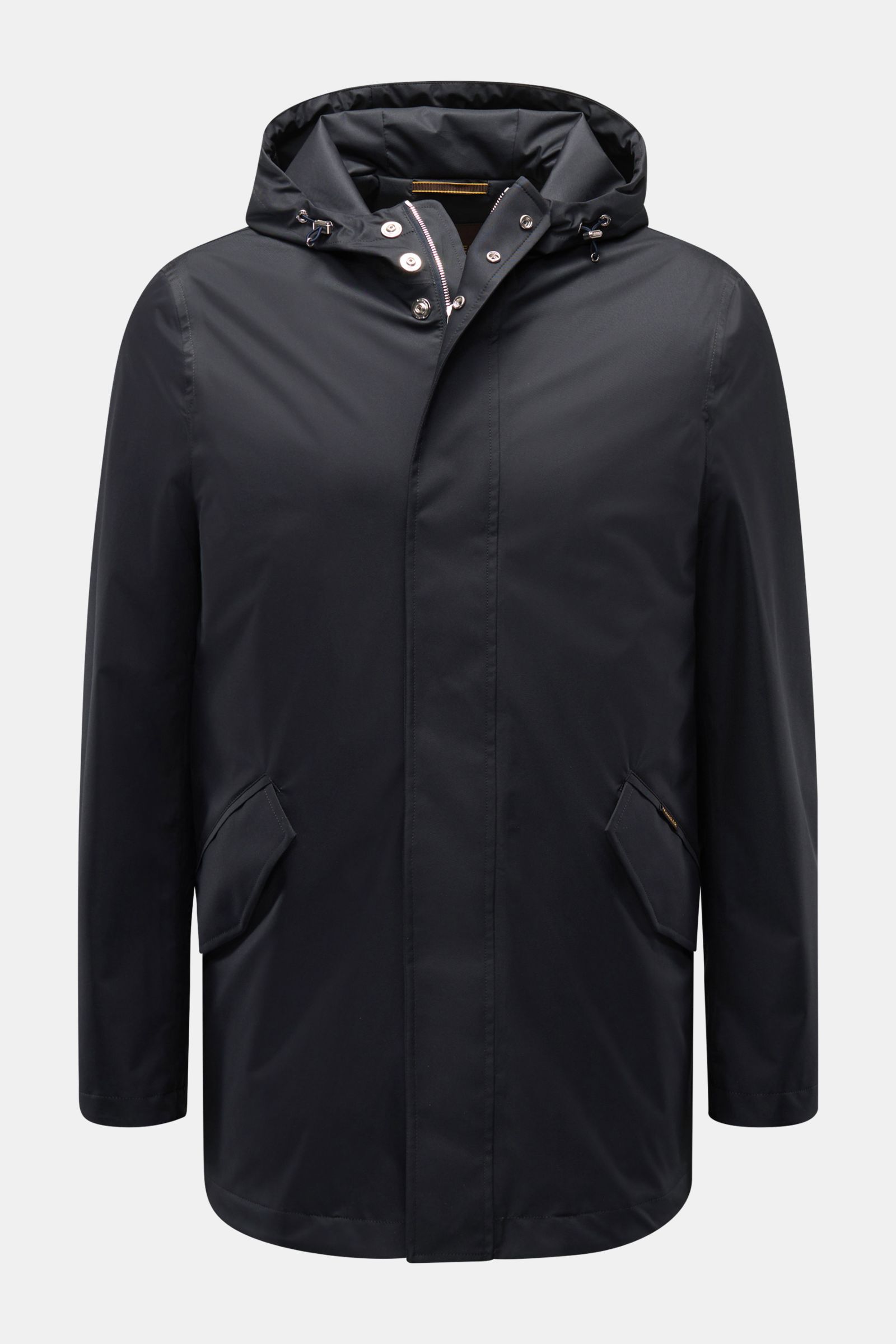 Front view of the Moorer Short coat 'Tiglio' dark navy, waterproof with taped seams, drawstring hood, flap pockets, and slim fit design.