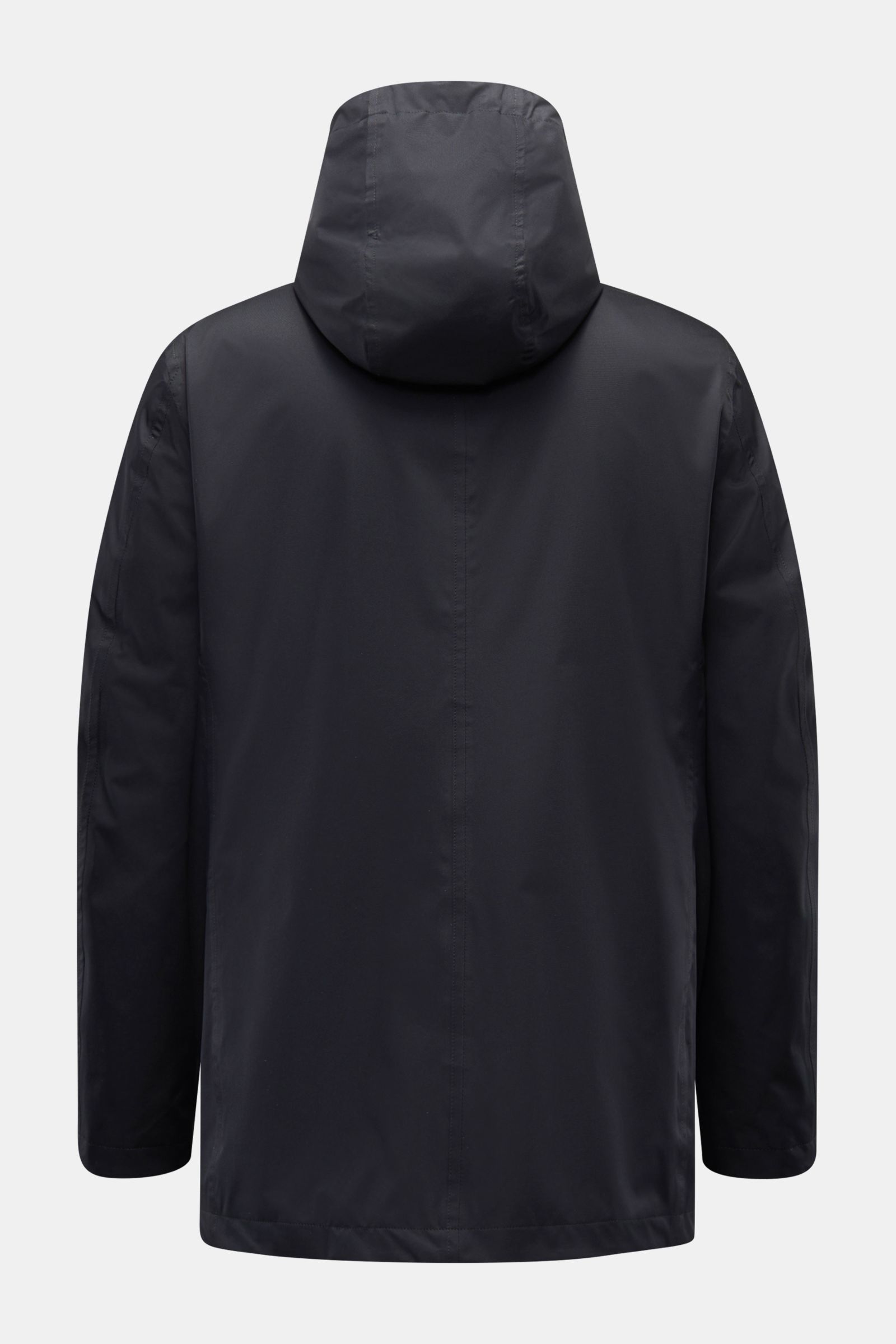 Rear view of Moorer Short coat 'Tiglio' dark navy in waterproof microfiber with hood, smooth lining, slim fit, and taped seams, ideal for changeable weather.