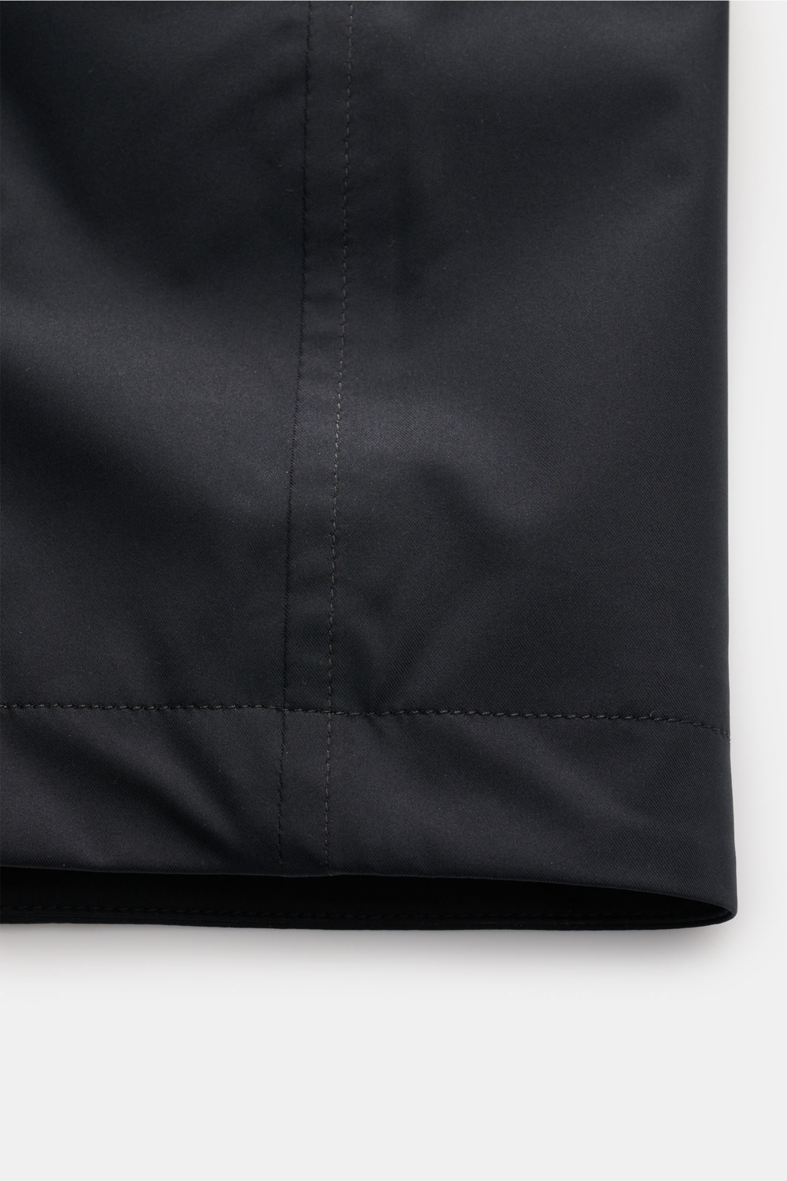 Close-up view of the hem and seam details of the Moorer Short coat 'Tiglio' dark navy, showcasing waterproof high-quality microfibre fabric with a smooth feel, perfect for premium outerwear in challenging conditions.