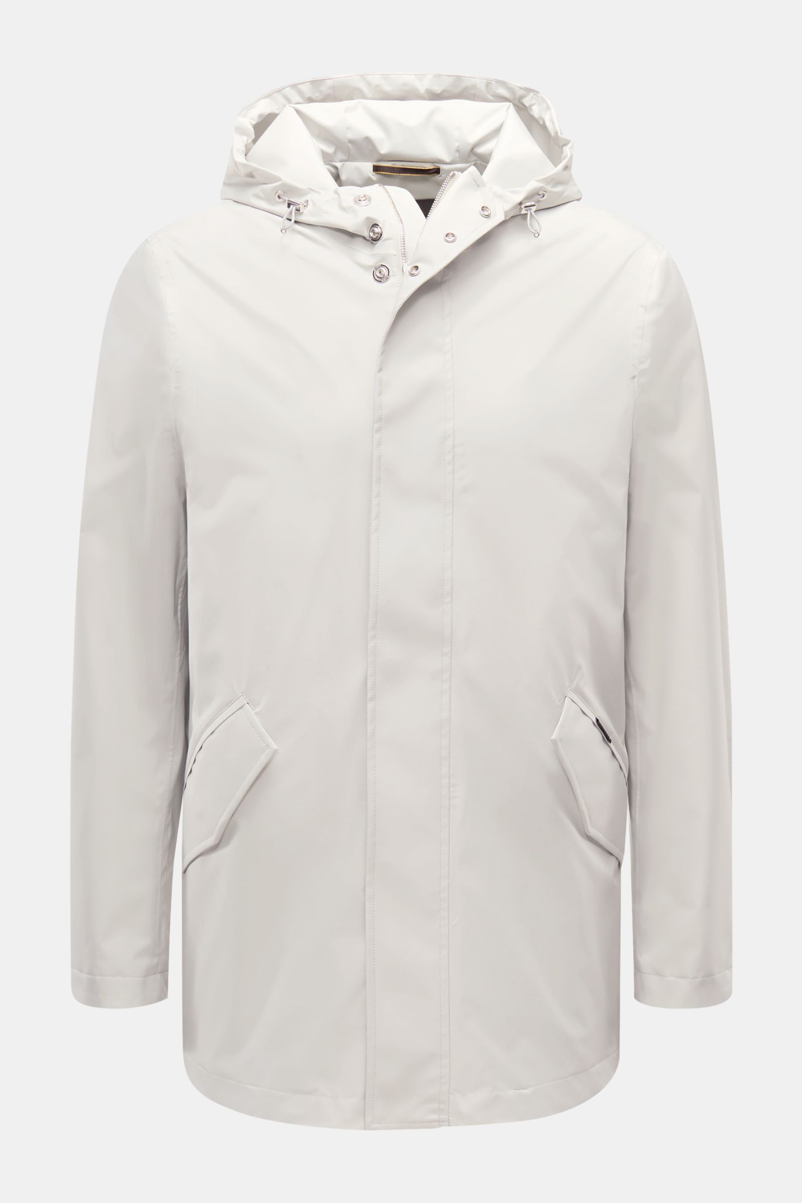 Front view of the Moorer Short coat 'Tiglio' light grey, featuring waterproof fabric, taped seams, hood, flap pockets, two-way zip, and slim fit. Premium outerwear for challenging conditions with smooth lining and two inside pockets.