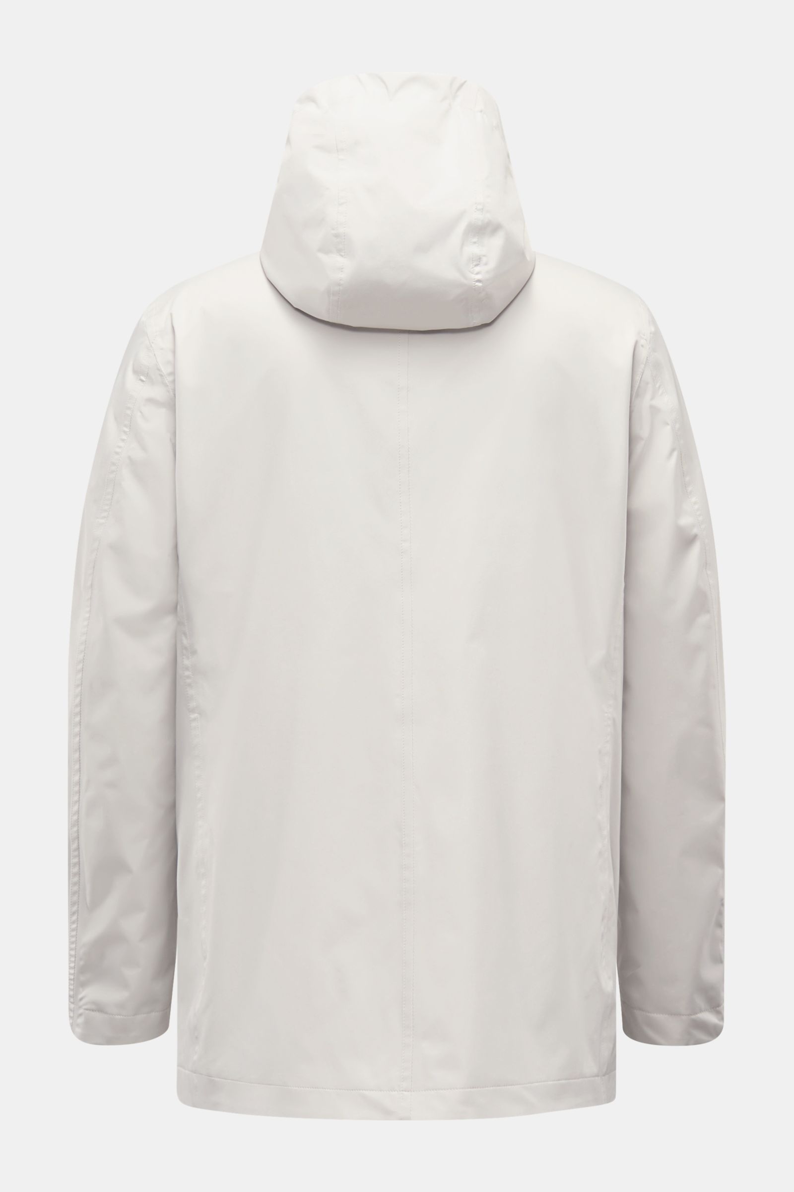 Rear view of Moorer Short coat 'Tiglio' light grey, featuring waterproof fabric, taped seams, drawstring hood, slim fit, and smooth lining for premium outerwear.