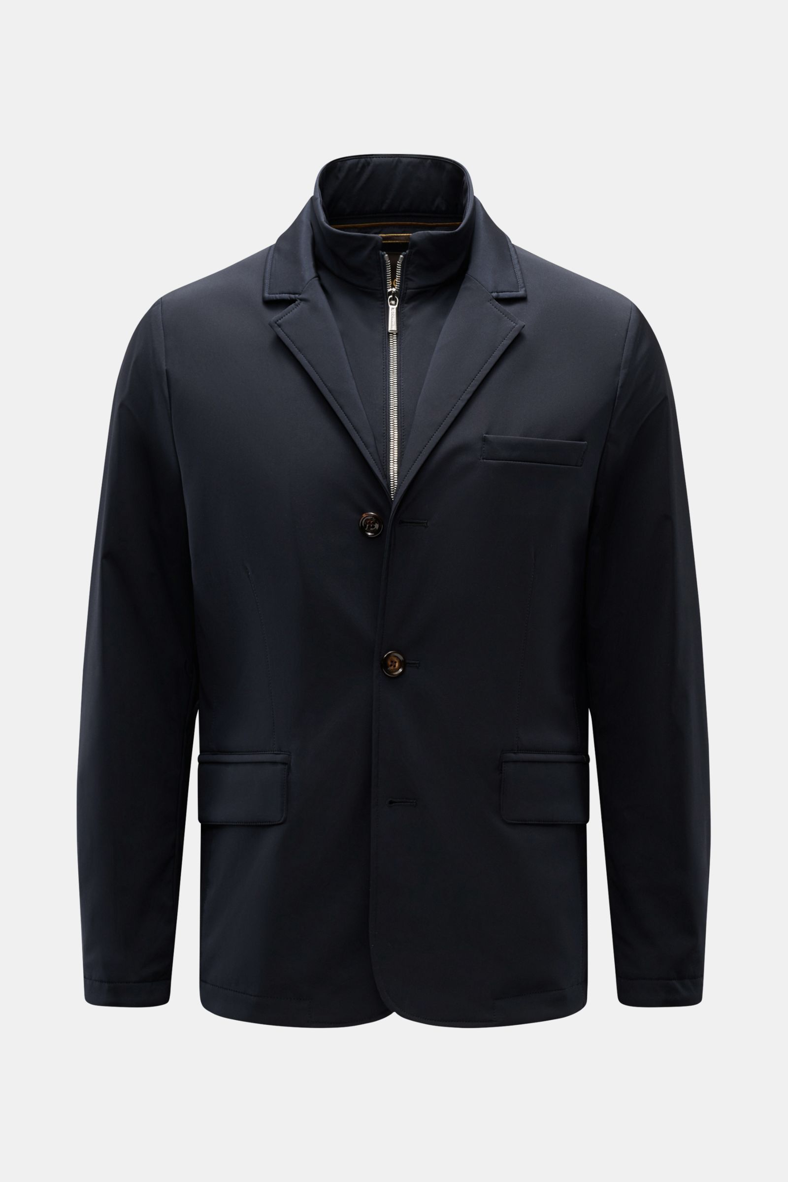 Front view of the Moorer Jacket 'Borromeo' navy, a slim fit, water repellent jacket with a double front, three-button style, adjustable collar, classic breast pocket, hip pockets with flap, centre back vent with snap buttons, smooth lining, and two inside