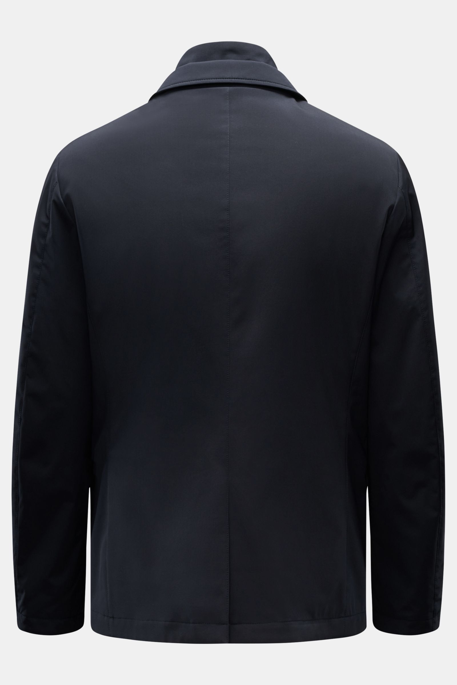 Rear view of Moorer Jacket 'Borromeo' navy, slim fit with adjustable collar and centre back vent, water repellent silk and microfiber blend.