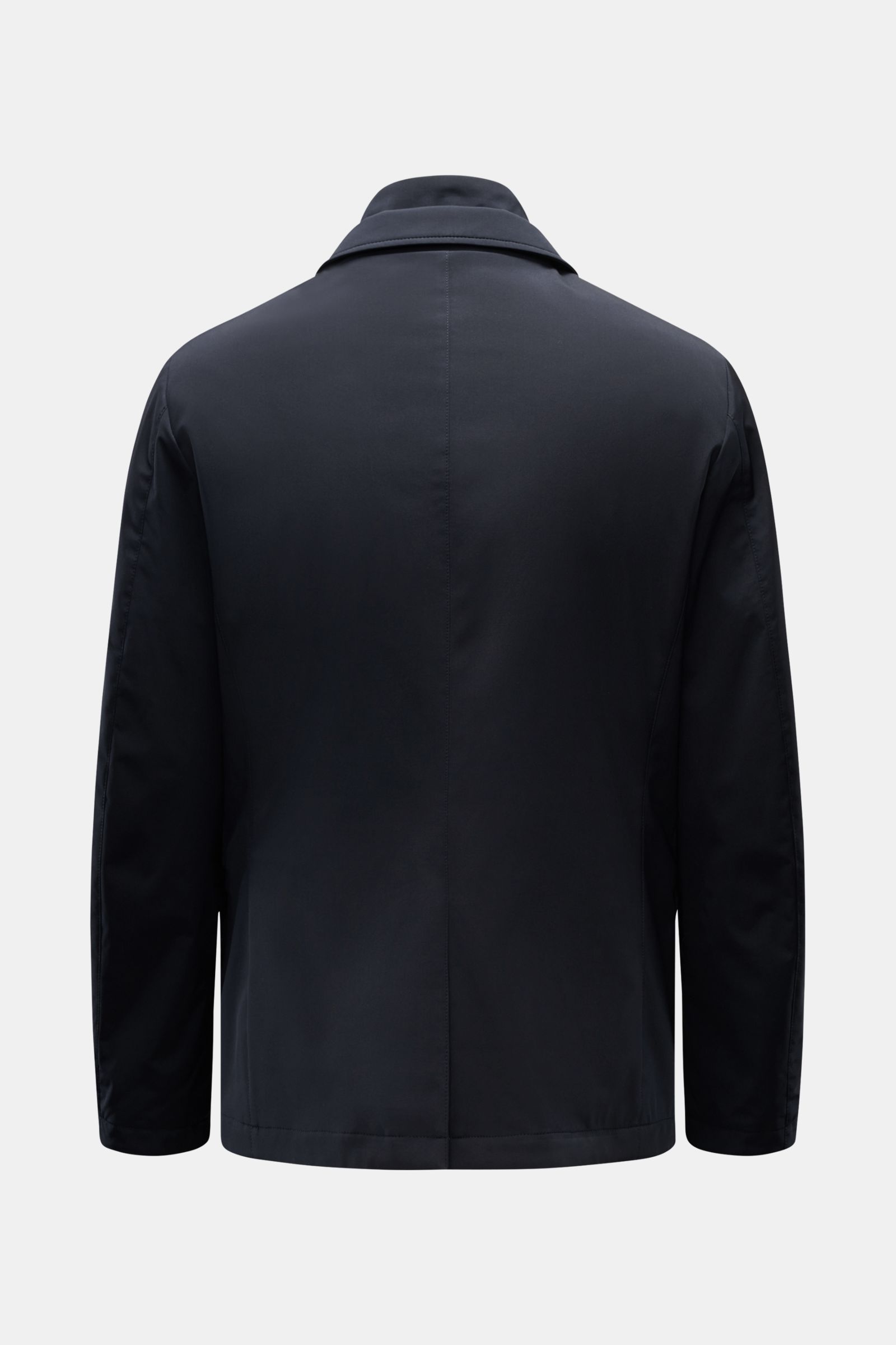 Rear view of Moorer Jacket 'Borromeo' navy, slim fit with adjustable collar, centre back vent with snap buttons, water repellent silk-microfibre blend.

Description: With its water repellent finish and clean look with double front, the jacket 'Borromeo