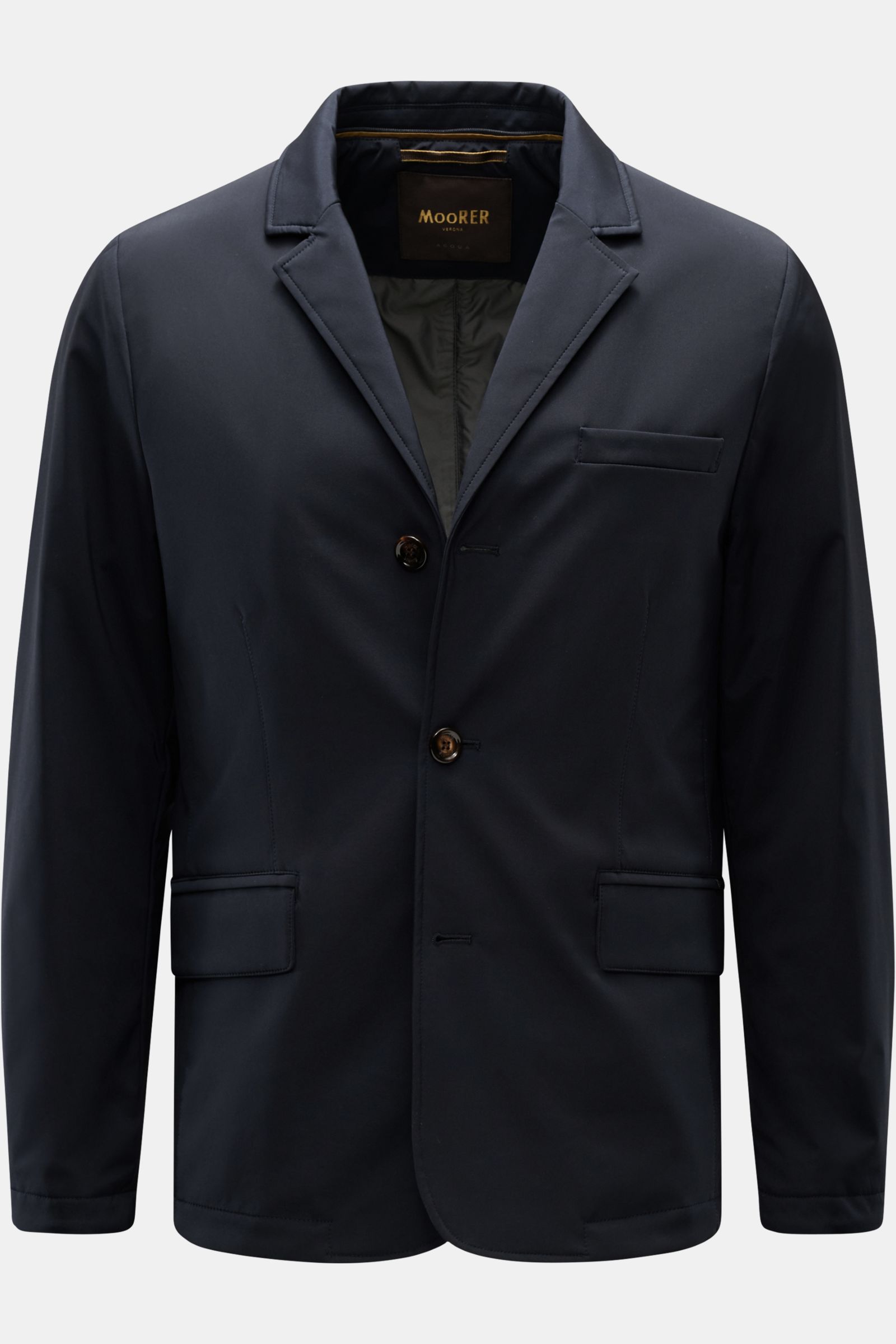 Front view of Moorer Jacket 'Borromeo' navy, a slim fit, water repellent jacket with double-front, three-button style, adjustable collar, breast pocket, flap hip pockets, center back vent, smooth lining, and two inside pockets. Made of silk and microfiber