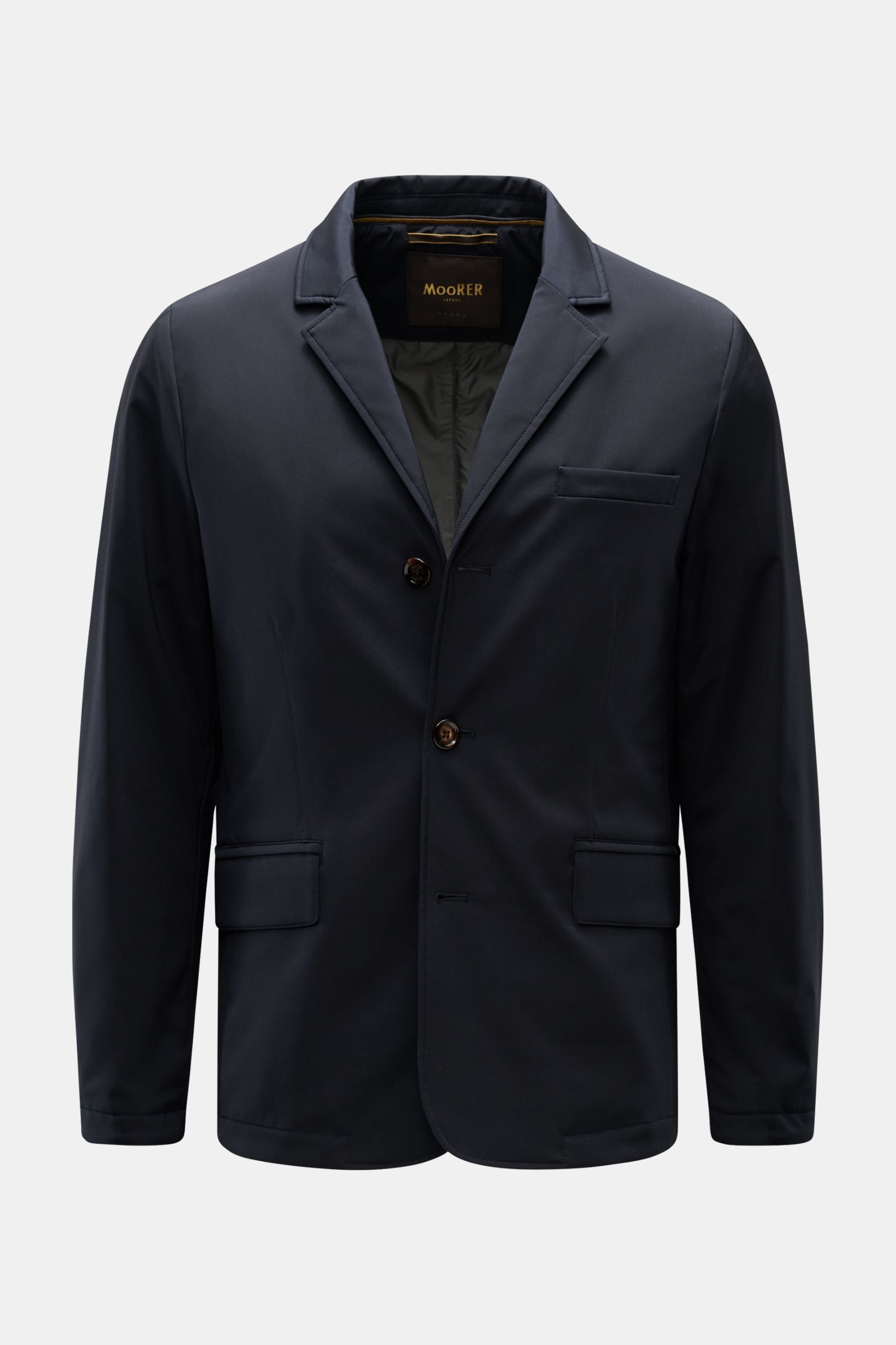 Front view of Moorer Jacket 'Borromeo' navy, featuring a slim fit, water repellent silk and microfiber blend, three-button style, adjustable collar, double-front with two-way zip, classic breast pocket, hip pockets with flap, center back vent with snap bu