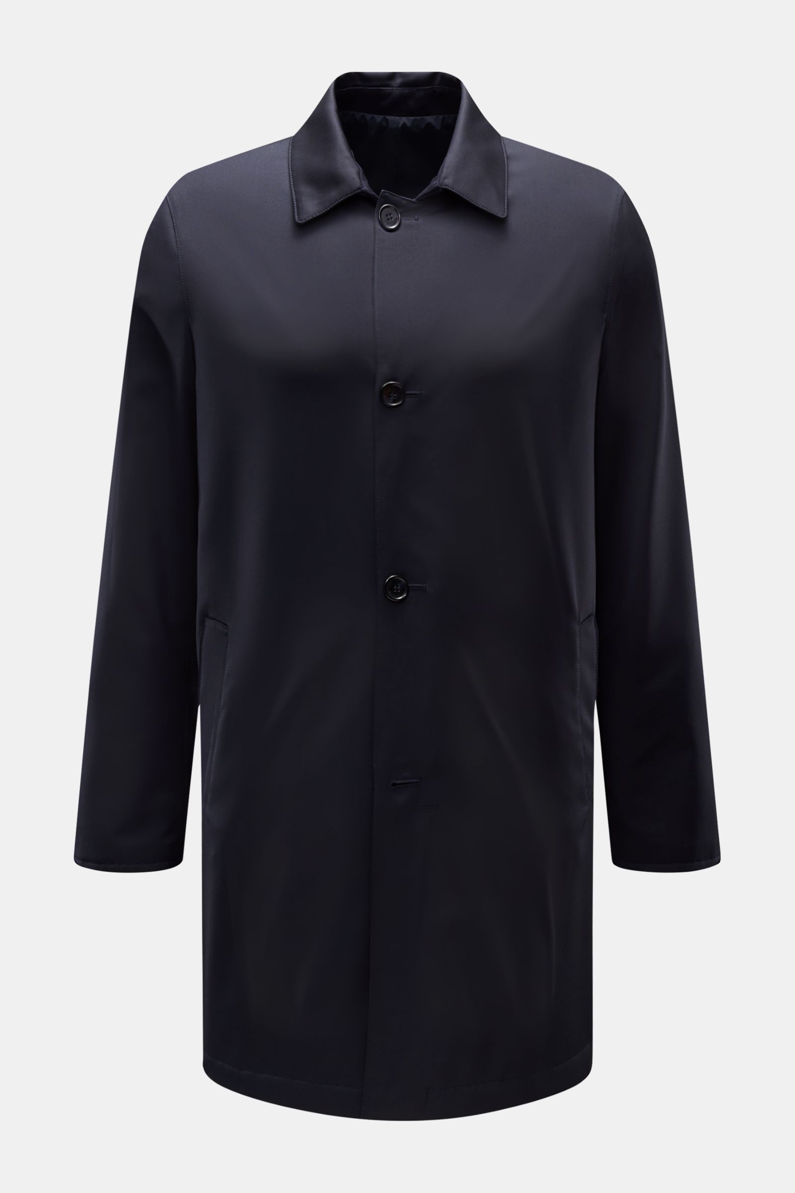 Mandelli Wende-Kurzmantel navy, Slim Fit, reine Wolle, weicher Griff, Umlegekragen, Vier-Knopf-Leiste, paspelierte Taschen, Rückenmittelschlitz, wendbar, frontal fotografiert.