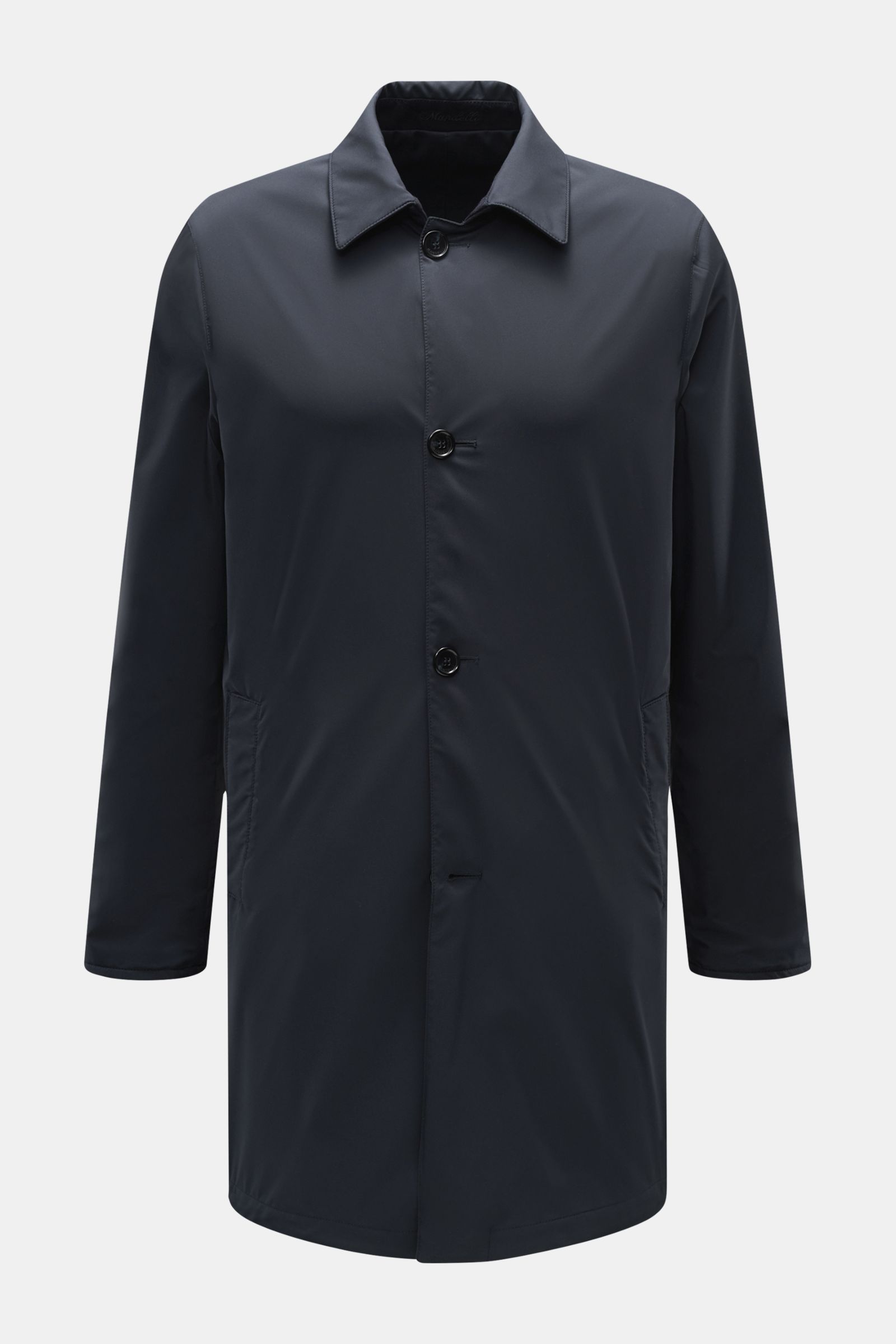 Mandelli Wende-Kurzmantel navy, frontal fotografiert, Slim Fit, reine Wolle, weicher Griff, vier-Knopf-Leiste, Umlegekragen, paspelierte Fronttaschen, Rückenmittelschlitz, geschmeidiger Futterstoff, wendbar.