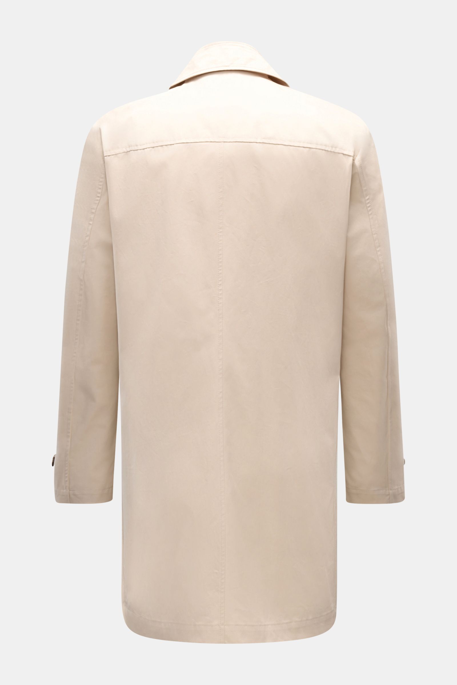 Back view of Fay Coat 'Morning' sand in pure cotton twill, featuring slim fit, adjustable collar, zip double front, concealed button placket, slanted hip pockets, cuffs with buttoned tab, and unlined interior with one inside pocket. A classic all-rounder 
