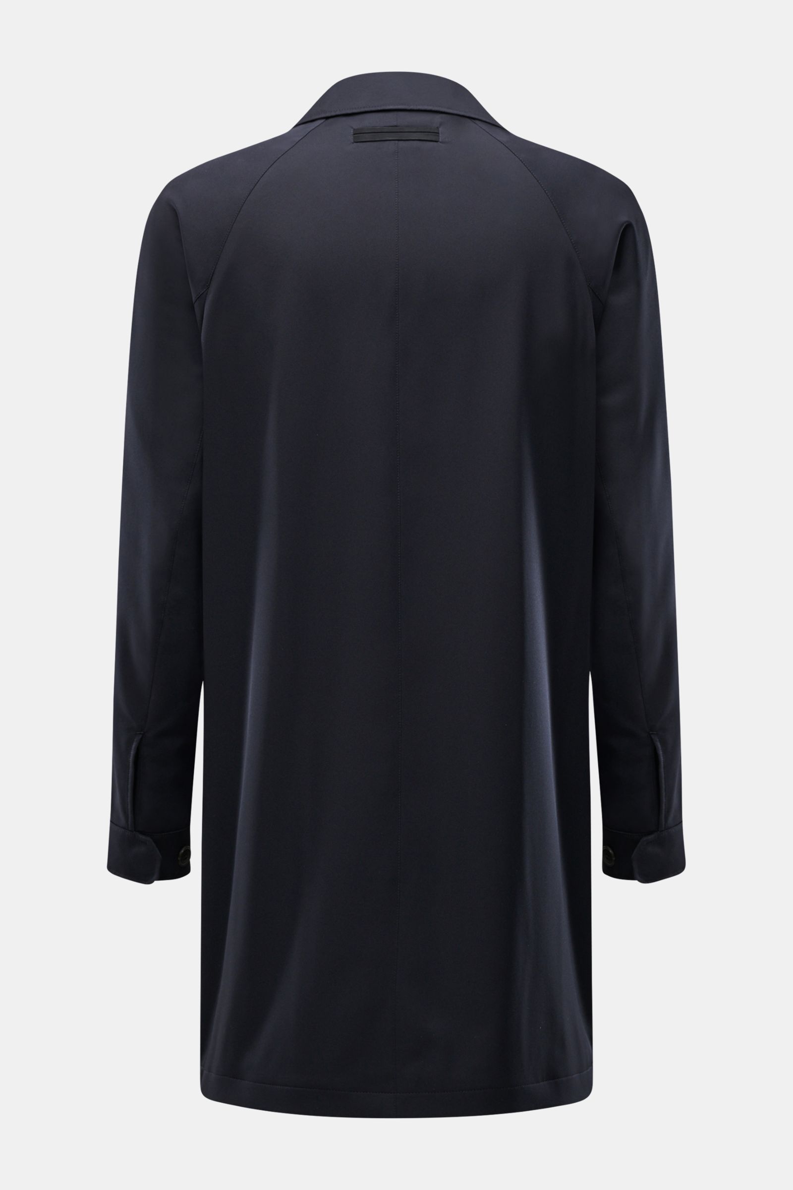 Zegna Mantel 'Motorino' dark navy, Rückansicht, Microfaser, Regular Fit, Umlegekragen mit Veloursleder, wind- und wasserabweisend, atmungsaktiv, verdeckte Knopfleiste.