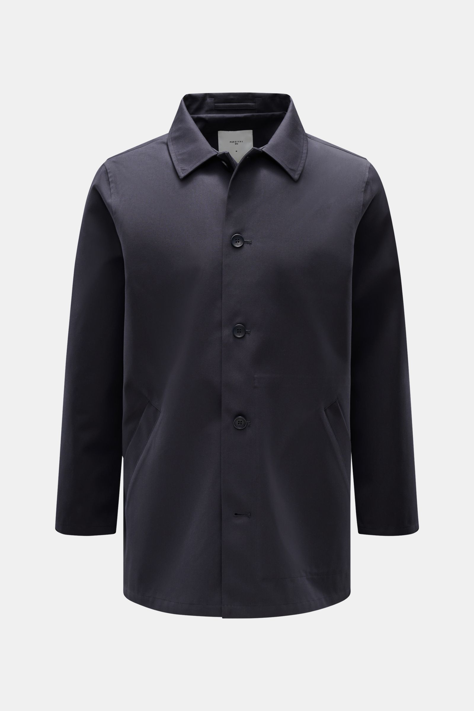 Front view of the Percival Kurzmantel 'Sherlock' dark navy, a short coat in durable cotton-microfiber twill with a five-button placket, turn-down collar, welt front pockets, regular fit, waterproof 10k/10k membrane, sealed seams, back center vent, unconst