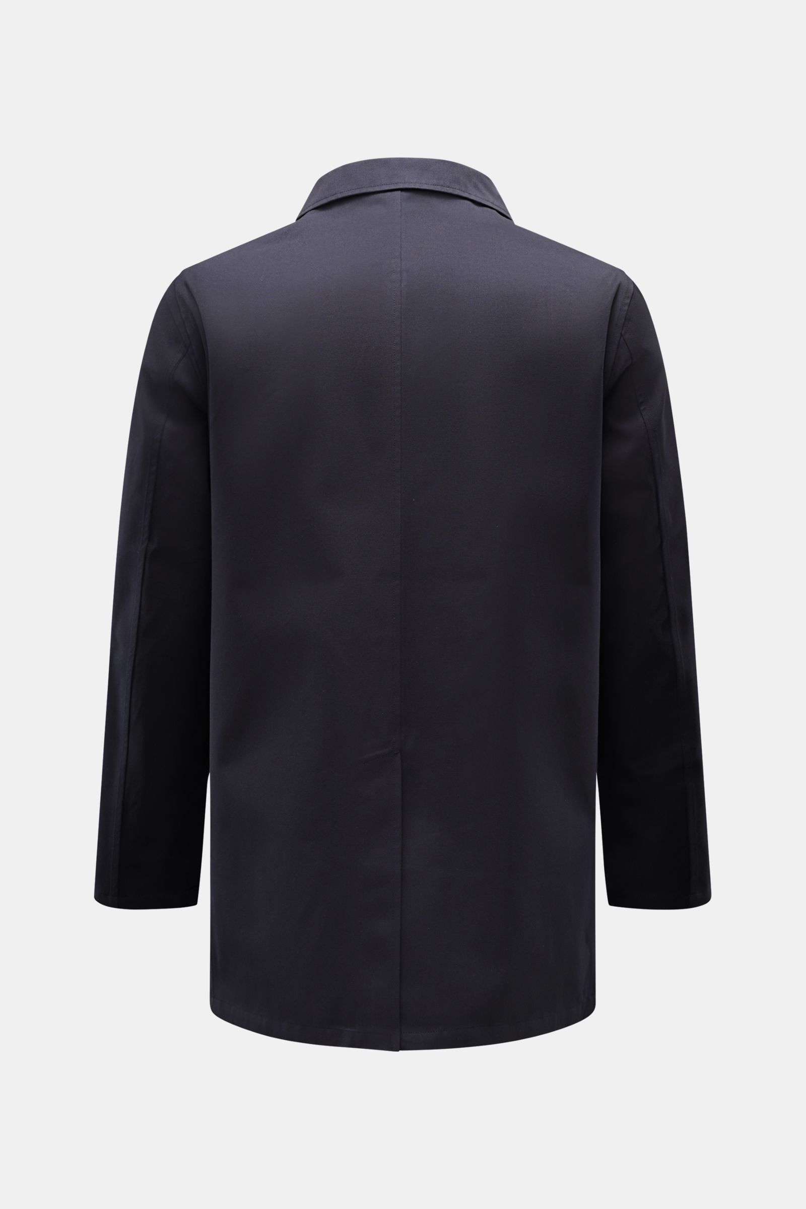Back view of the Percival Kurzmantel 'Sherlock' dark navy, a waterproof, regular fit short coat with unconstructed design and center back vent.