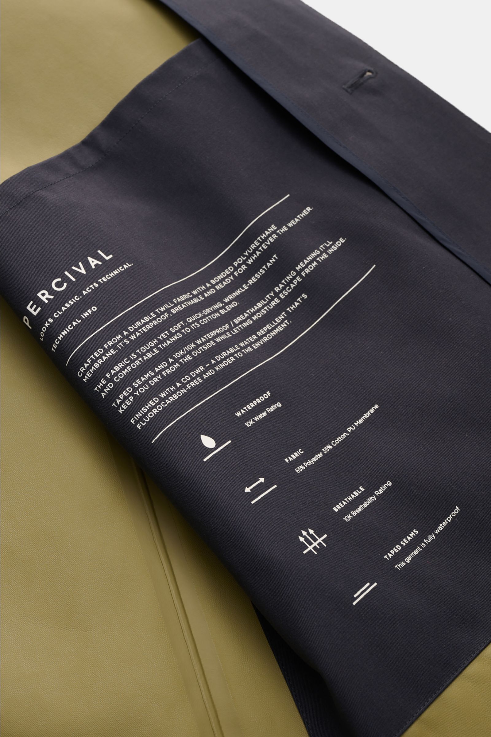 Close-up inside view of the Percival Kurzmantel 'Sherlock' dark navy, showing technical fabric details and waterproof ratings.