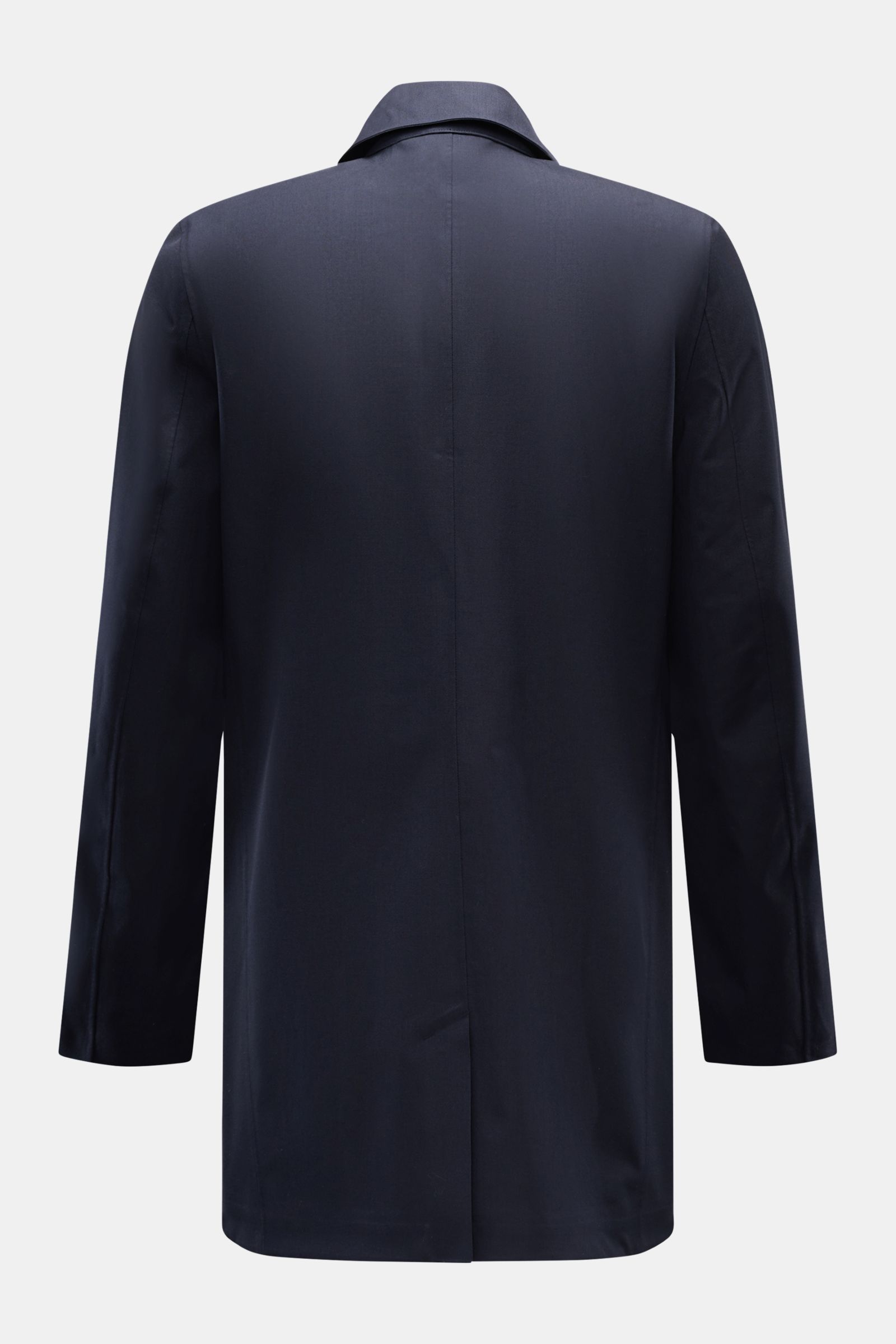 UBR Regenmantel 'Sky Fall Savile' navy, Rückansicht, ultraleicht, wind- und wasserdicht, Merinowolle-Microfaser-Mix, Slim Fit, Umlegekragen, Zwei-Wege-Reißverschluss, Windblende mit Magnetverschluss, Hüfttaschen, ungefüttert, getapte Nähte, Rückenmittelsc