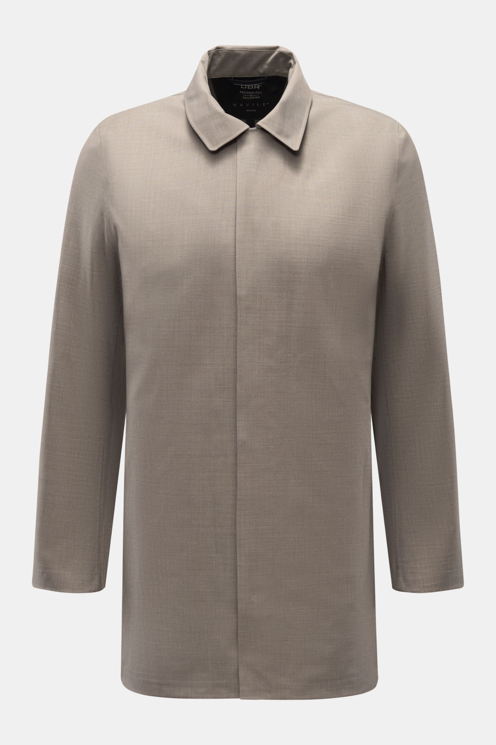 Front view of the UBR Rain coat 'Sky Fall Savile' taupe mottled, a slim fit, lightweight raincoat with a turn-down collar and concealed zip.

The incredibly lightweight rain coat 'Sky Fall Savile' by UBR is made of smart merino wool and microfibre for 