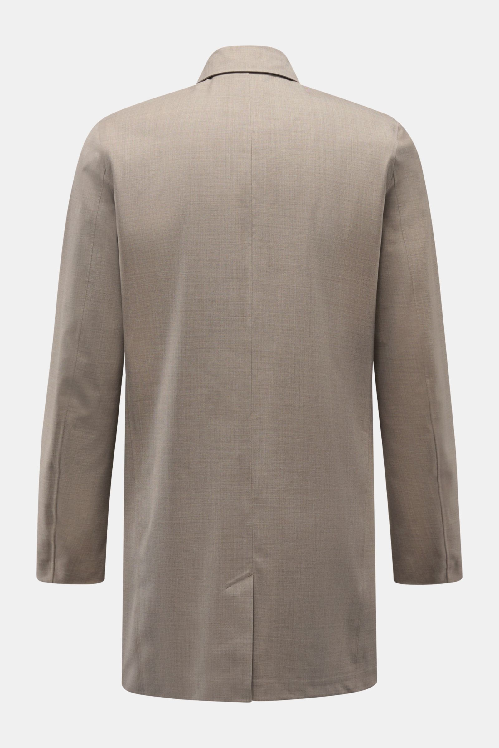 Rear view of UBR Rain coat 'Sky Fall Savile' taupe mottled, lightweight merino wool and microfibre blend, slim fit with centre back vent.

The incredibly lightweight rain coat 'Sky Fall Savile' by UBR is made of smart merino wool and microfibre for eff