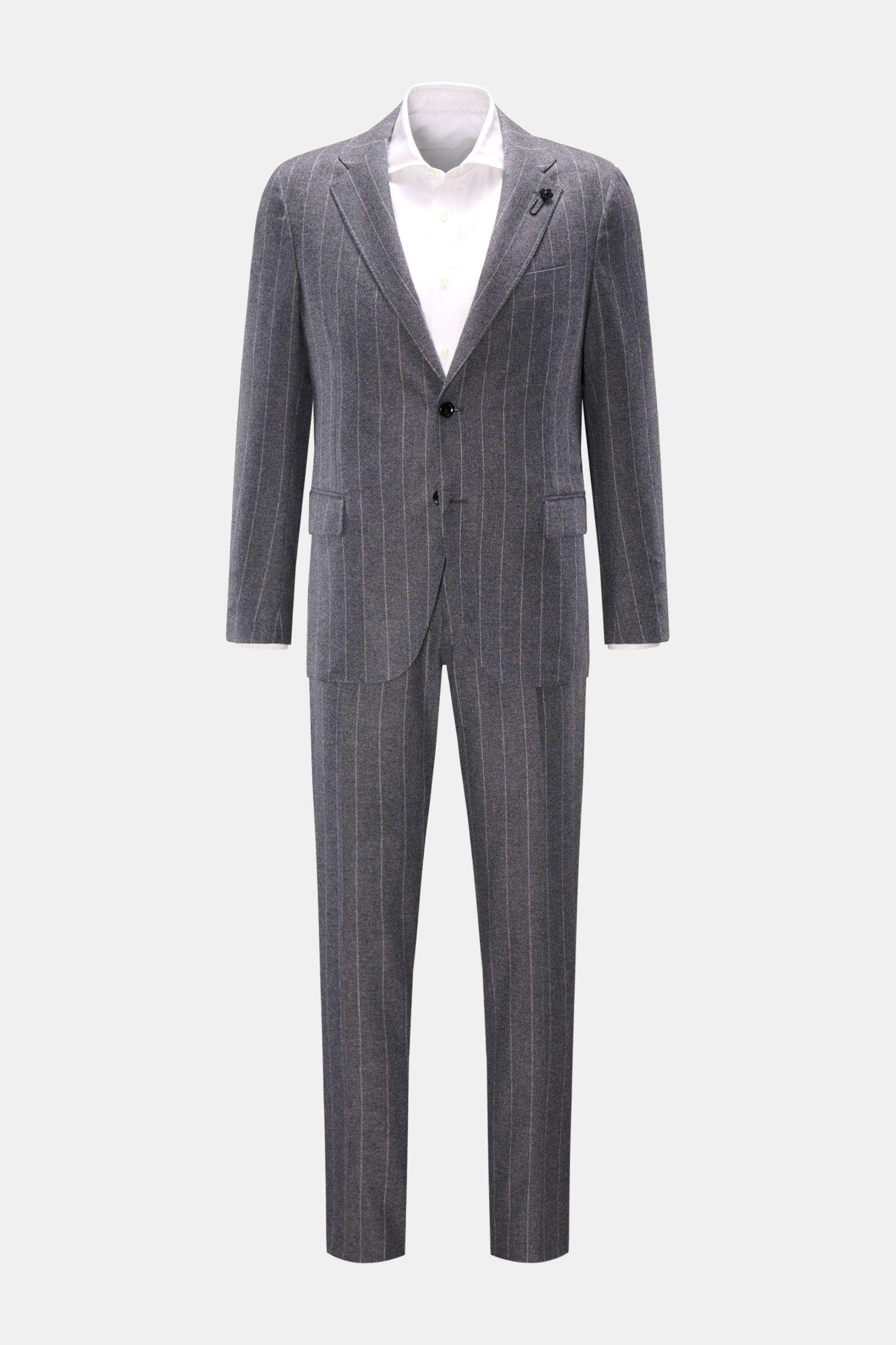 Front view of a Lardini Anzug grau gestreift, a grey pinstriped suit made of a Schurwolle and Cashmere blend, featuring a slim fit, two-button tailored jacket with notch lapels and floral pin, classic chest pocket, flap hip pockets, unfinished sleeve cuff