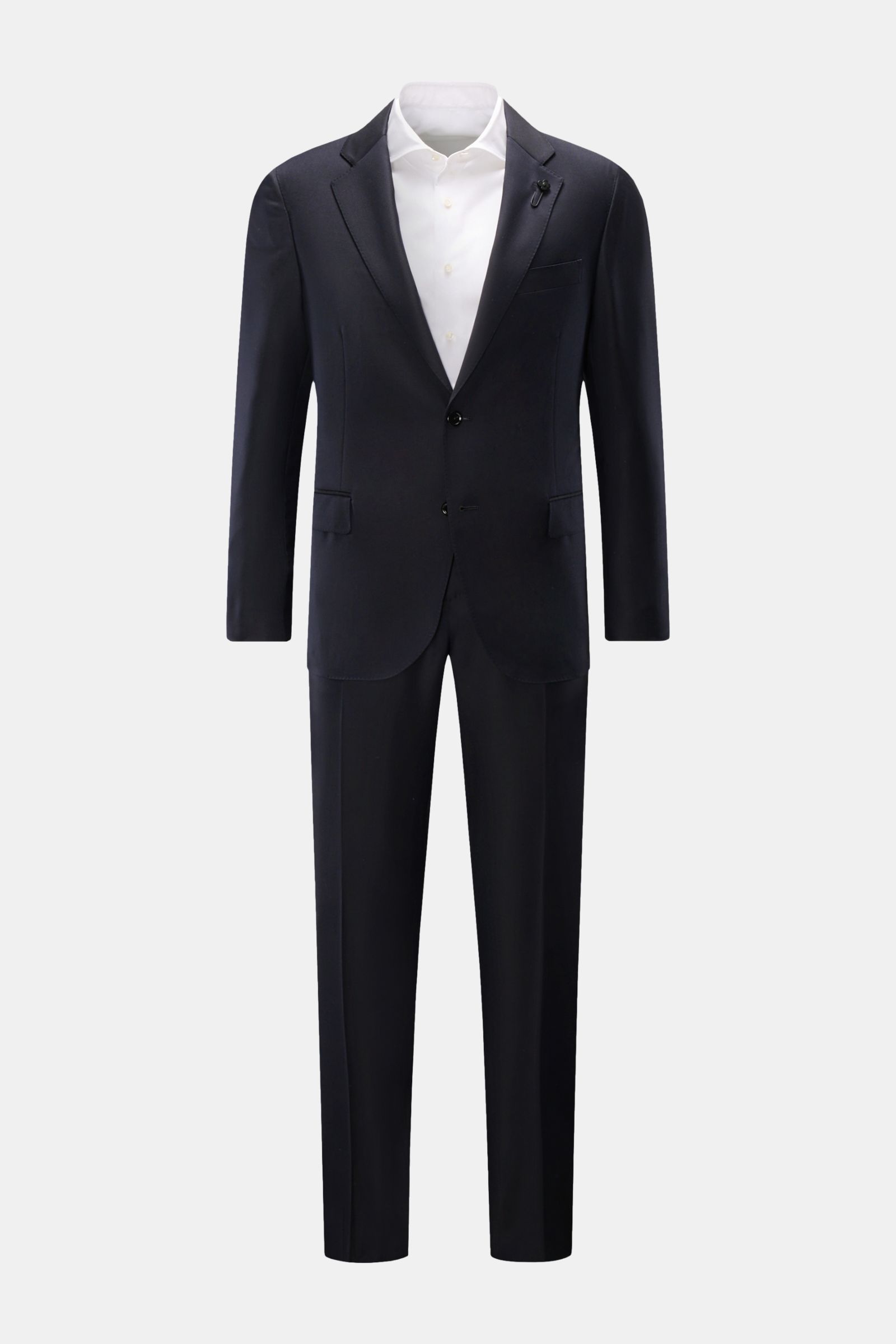 Lardini Anzug dark navy aus reiner Schurwolle, Slim Fit Sakko mit fallendem Revers und tailliertem Zwei-Knopf-Stil, frontal fotografiert.