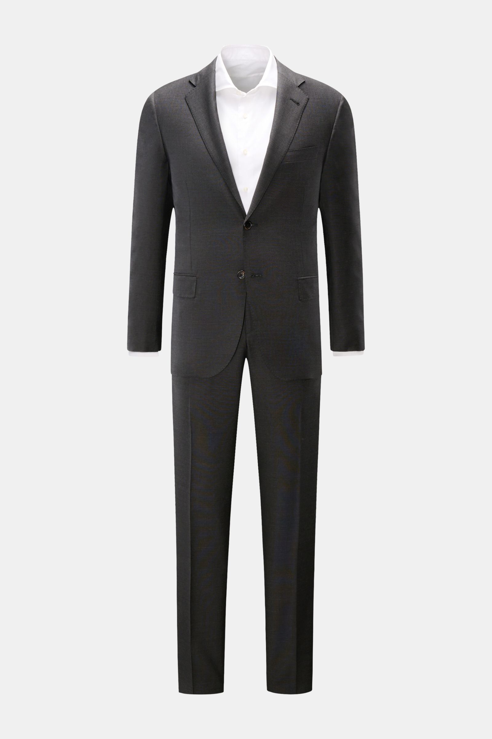 Corneliani Anzug anthrazit meliert front view, slim fit suit in pure virgin wool with subtle texture, two-button jacket, notch lapels, flap hip pockets, half-lined, and tapered trousers with zip and button closure. Elegant, fein und zeitlos – der Anzug vo