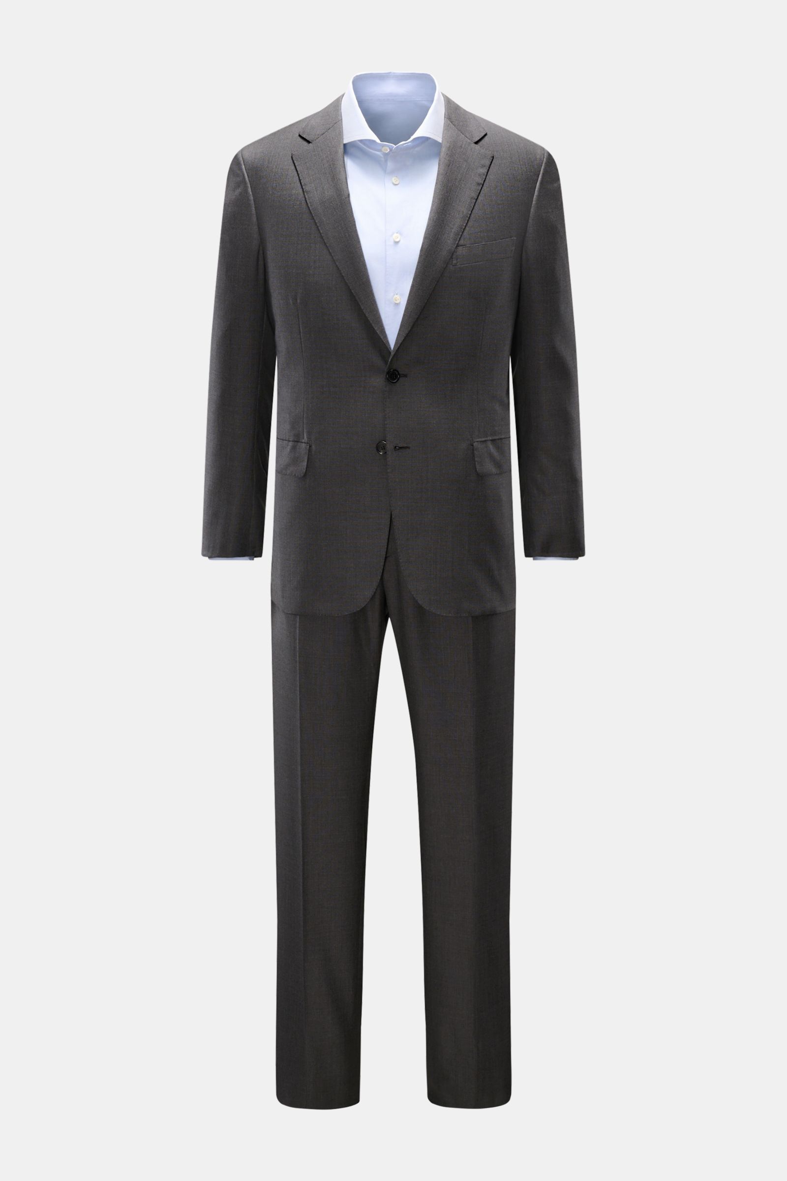 Front view of Brioni Anzug 'Brunico' dunkelgrau meliert suit made in Italy, slim fit twill wool with two-button jacket and straight pants.