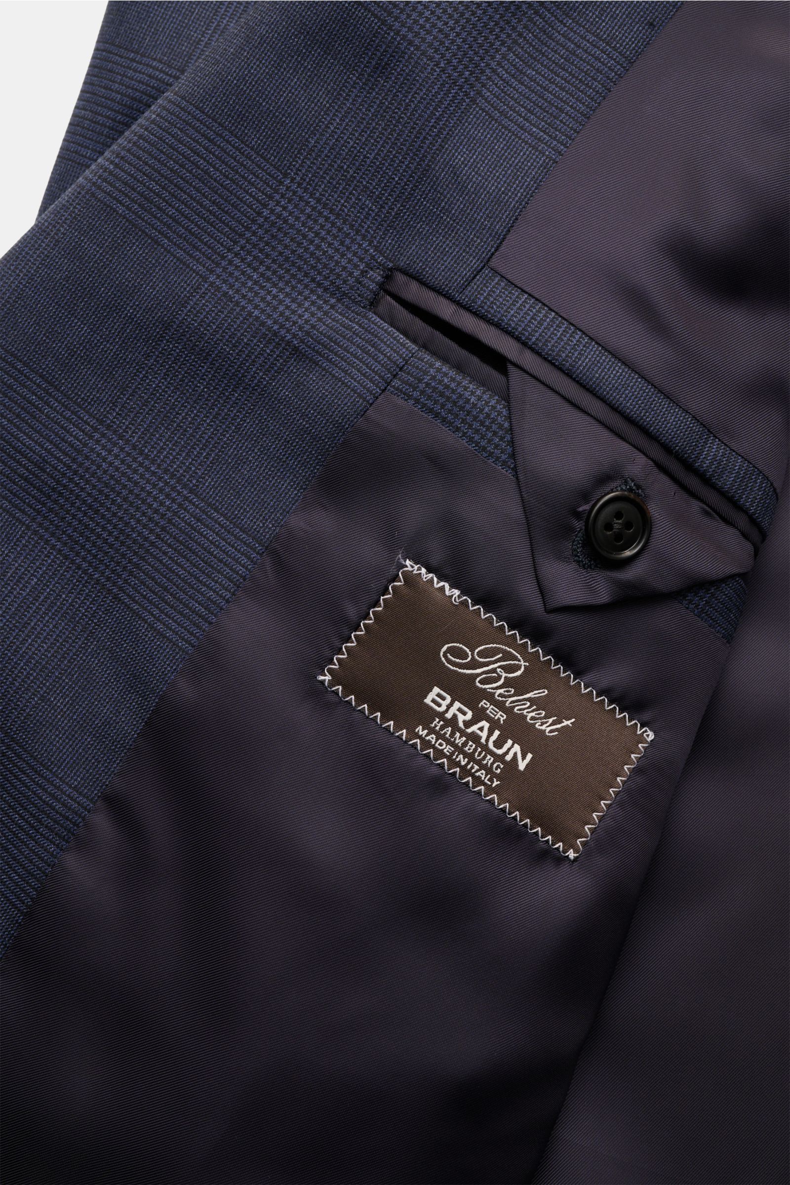 Close-up interior view of Belvest Anzug graublau meliert/schwarz kariert showing classic Glencheck wool fabric, smooth lining, and label.