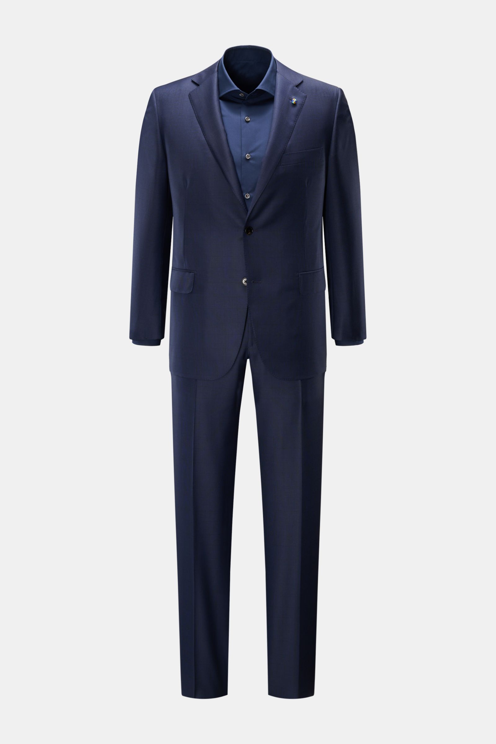 Front view of the Belvest Anzug dunkelblau/schwarz kariert, a classic Italian wool suit in Glencheck design, slim fit with tailored two-button jacket and straight-cut trousers, perfect for sophisticated office looks.