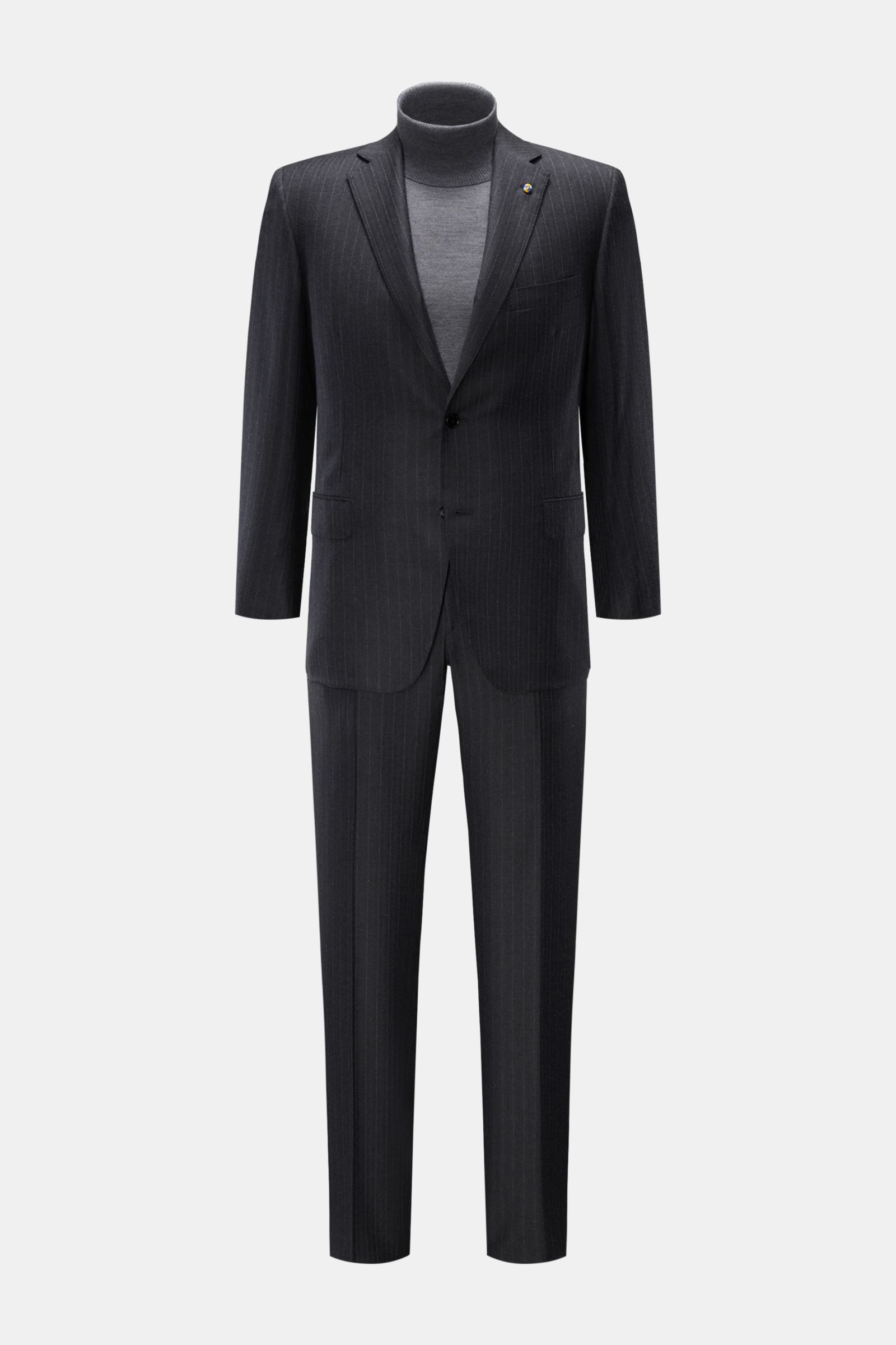 Front view of Belvest Anzug navy/grau gestreift, classic Italian wool suit with slim fit, pinstripe jacket, and straight-cut trousers.
