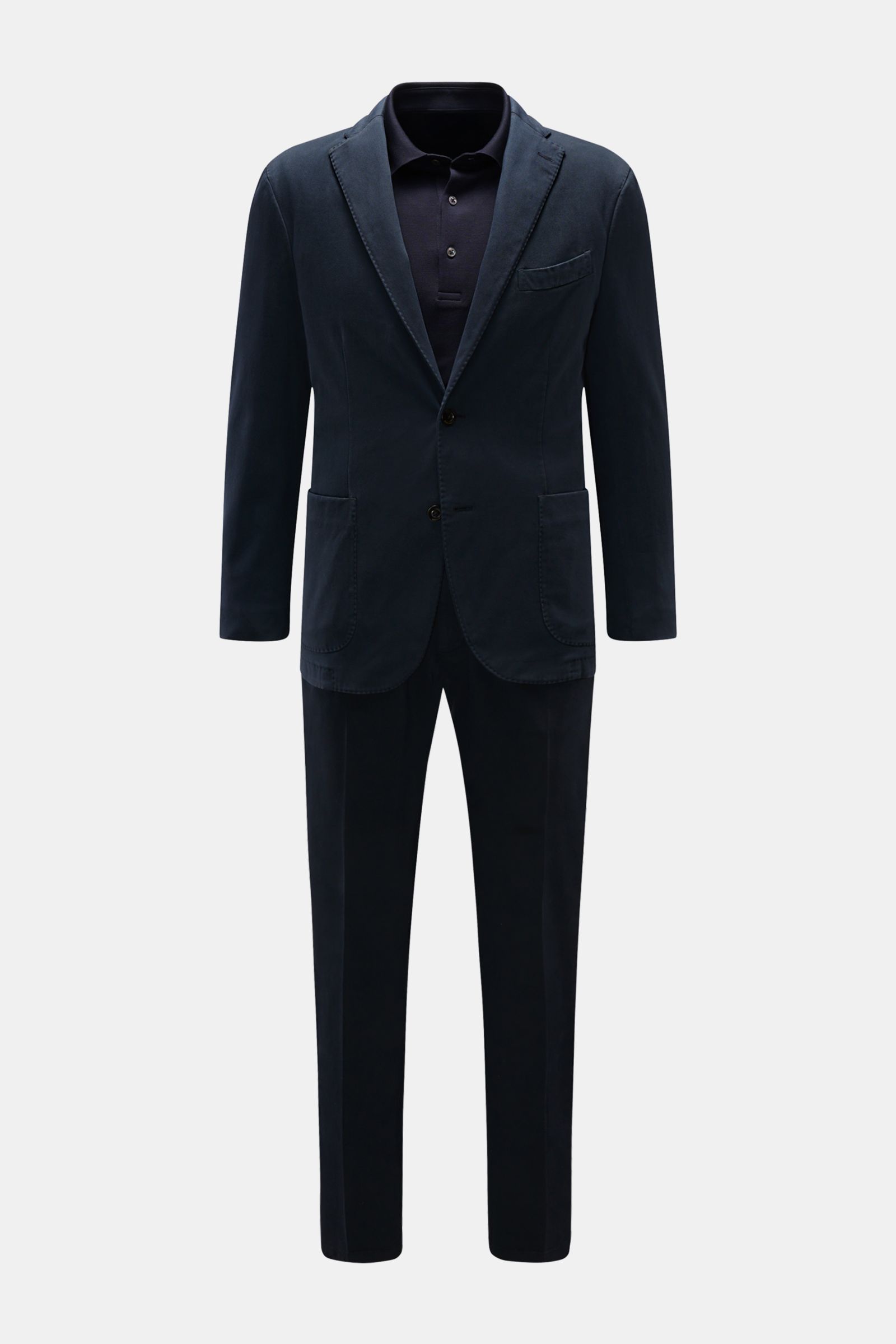 Boglioli Anzug 'K. Jacket' navy frontale Ansicht, Baumwoll-Twill, Slim Fit, tailliertes Sakko mit Zwei-Knopf-Verschluss und schmal zulaufende Hose.