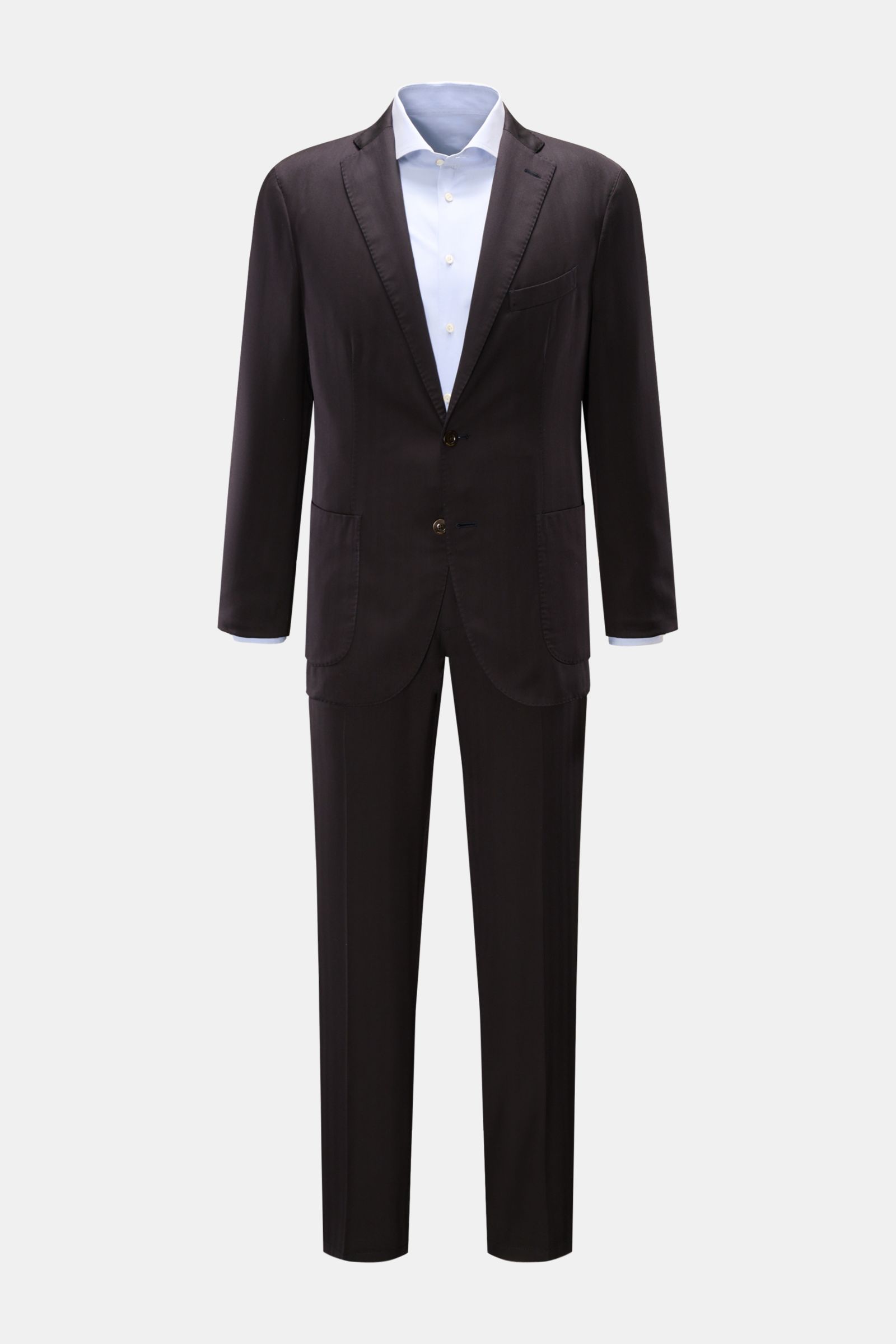 Front view of a Boglioli Anzug dark navy suit featuring unconstructed design in pure virgin wool with tonal stripe pattern, slim fit, soft texture, and lightweight fabric. The jacket has a tailored two-button style, notch lapel, classic chest pocket, patc