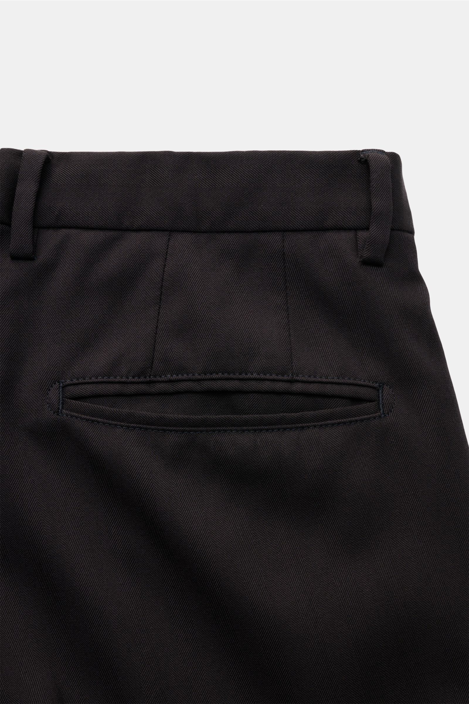 Close-up rear view of the dark navy Boglioli Anzug trousers showing the tonal stripe pattern, pure wool fabric, and piped back pocket detail.