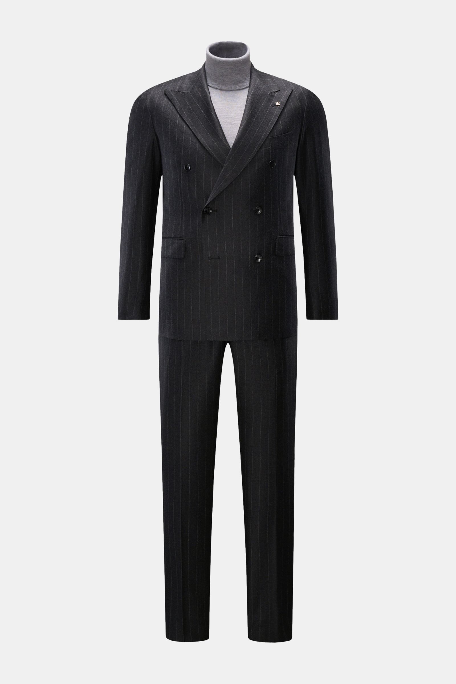 Front view of Tagliatore Anzug 'Vesuvio' anthrazit gestreift, a slim fit double-breasted suit in pure Super 110'S wool with soft texture, featuring a pointed lapel, classic breast pocket, flap hip pockets, unfinished sleeve cuffs, and half lining. The tro