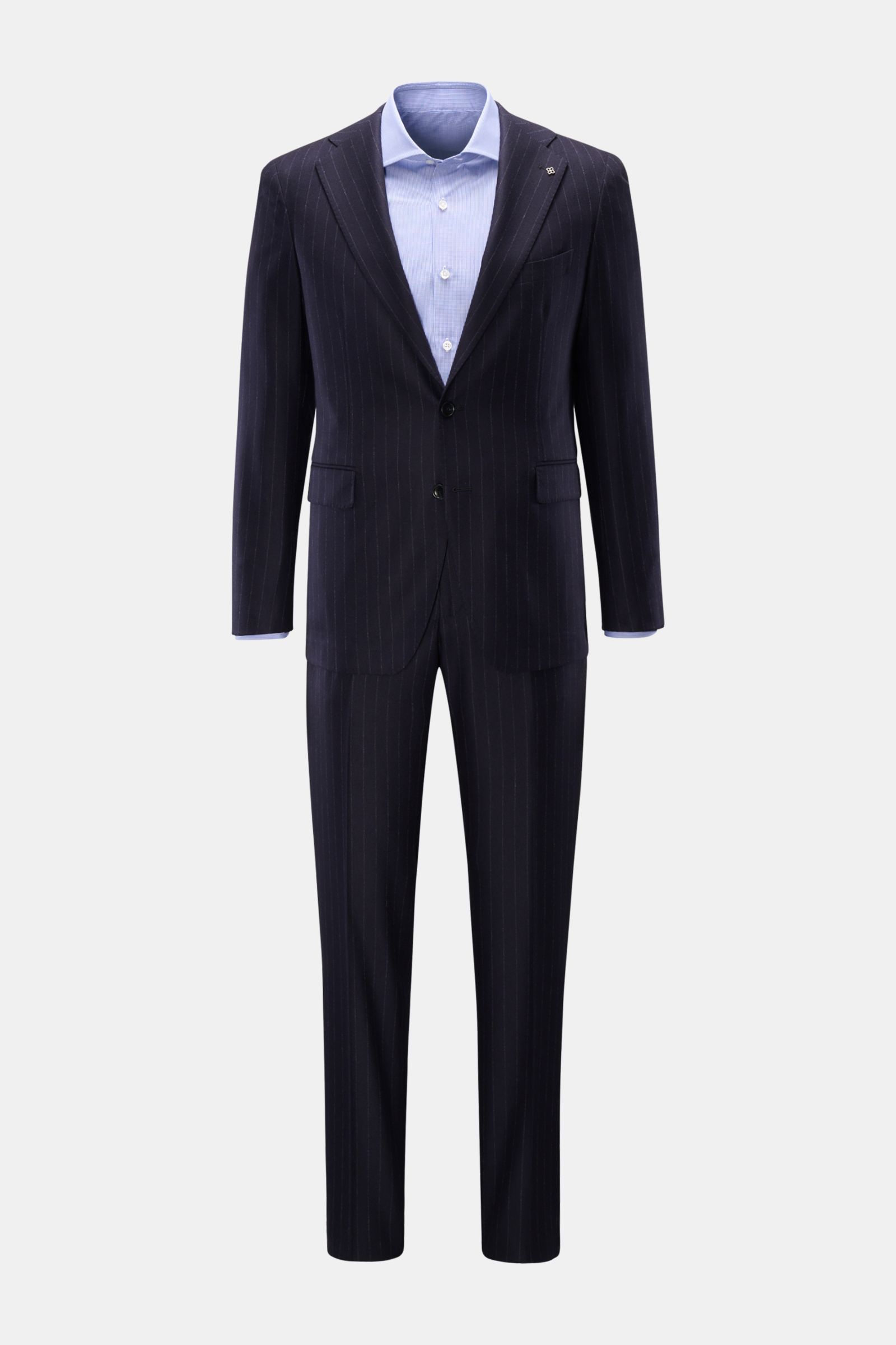 Tagliatore Anzug 'Vesuvio' navy gestreift, Slim Fit Zweiteiler aus reiner, leicht elastischer Schurwolle, frontale Ansicht mit tailliertem Sakko und regulär schmal zulaufender Hose.