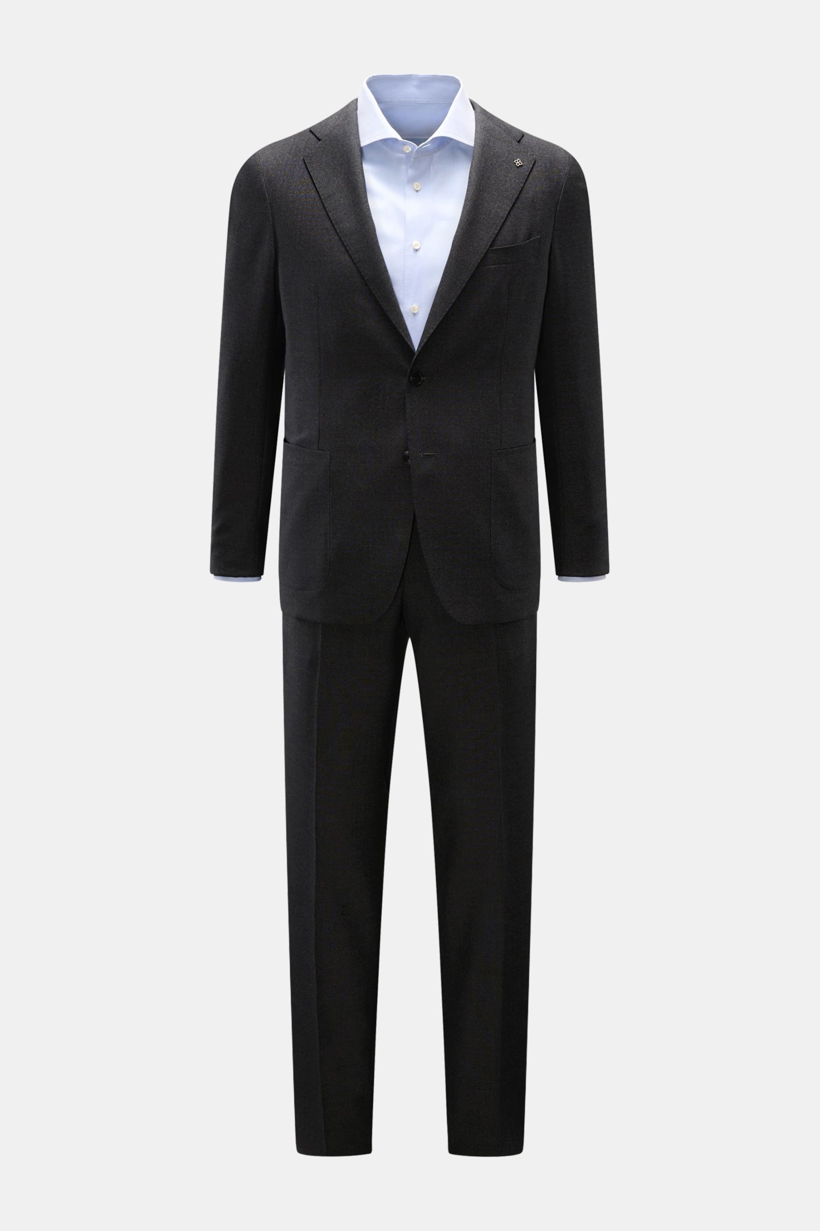 Front view of the Tagliatore Anzug 'Vesuvio' anthrazit meliert, a slim fit, two-piece suit made from pure virgin wool with a lightly textured feel, featuring a tailored two-button jacket with notch lapel, patch hip pockets, and half lining, paired with ta