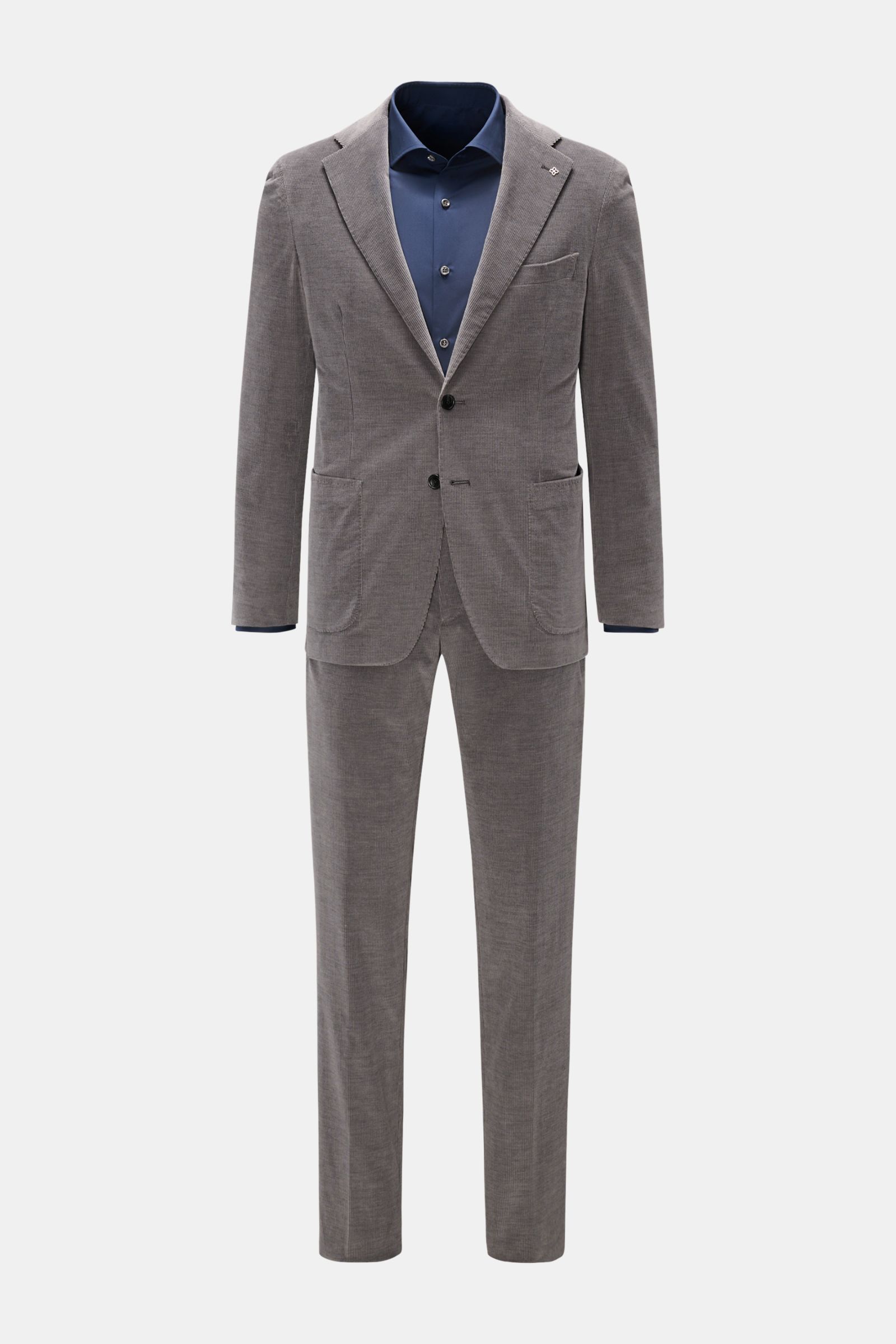 Front view of Tagliatore Cordanzug beige, a stylish suit combining cotton and wool corduroy with a slim-fit, unconstructed blazer and regular-fit trousers with elastic waistband.
